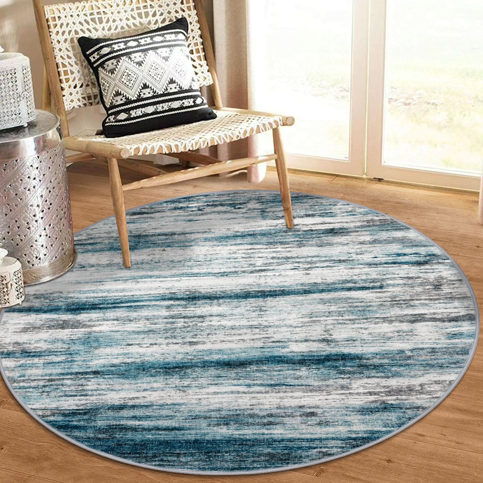 KOZYFLY Abstract Round Washable Rug 3Ft, Modern Kitchen Non-Slip Soft Small Bathroom Circle Rug, Blue Striped Entryway Rugs Print Faux Wool Doormat for Bedside Entrance Bedroom Sink — image 1