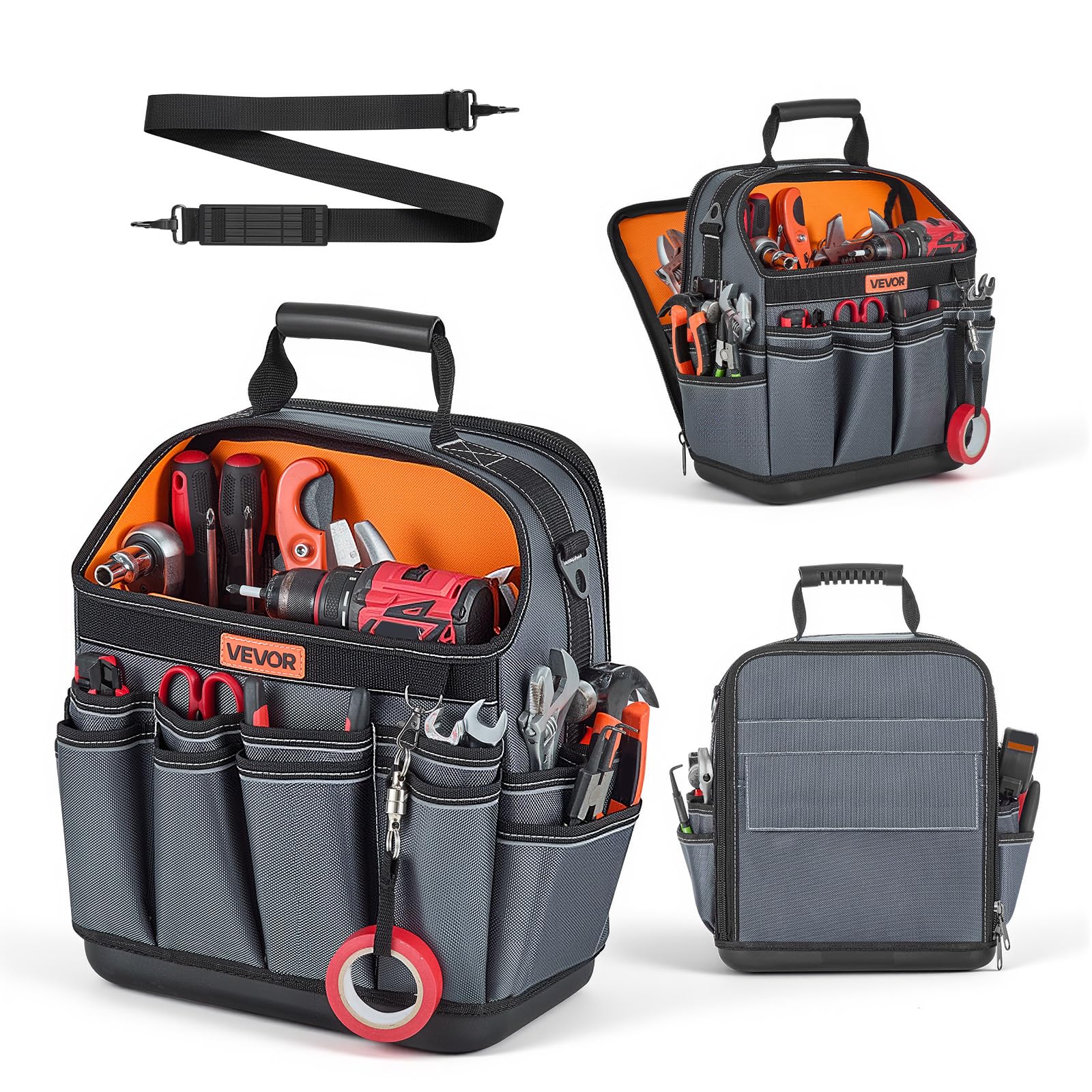 VEVOR Tool Bag, 13.2 Inch, 39-Pocket Open Top Tool Pouch, Portable Electrical Maintenance Toolbox Organizer Storage with Hard Plastic Base, Adjustable