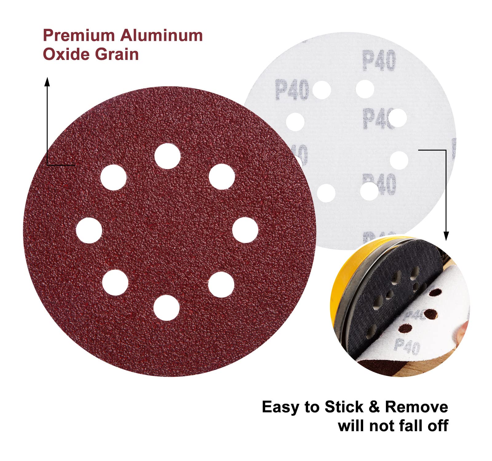 S SATC 150 discos de lija de óxido de aluminio de 5 pulgadas y 8 agujeros para carpintería, adhesivo de gancho y bucle para lijadora orbital aleatoria, grano 40
