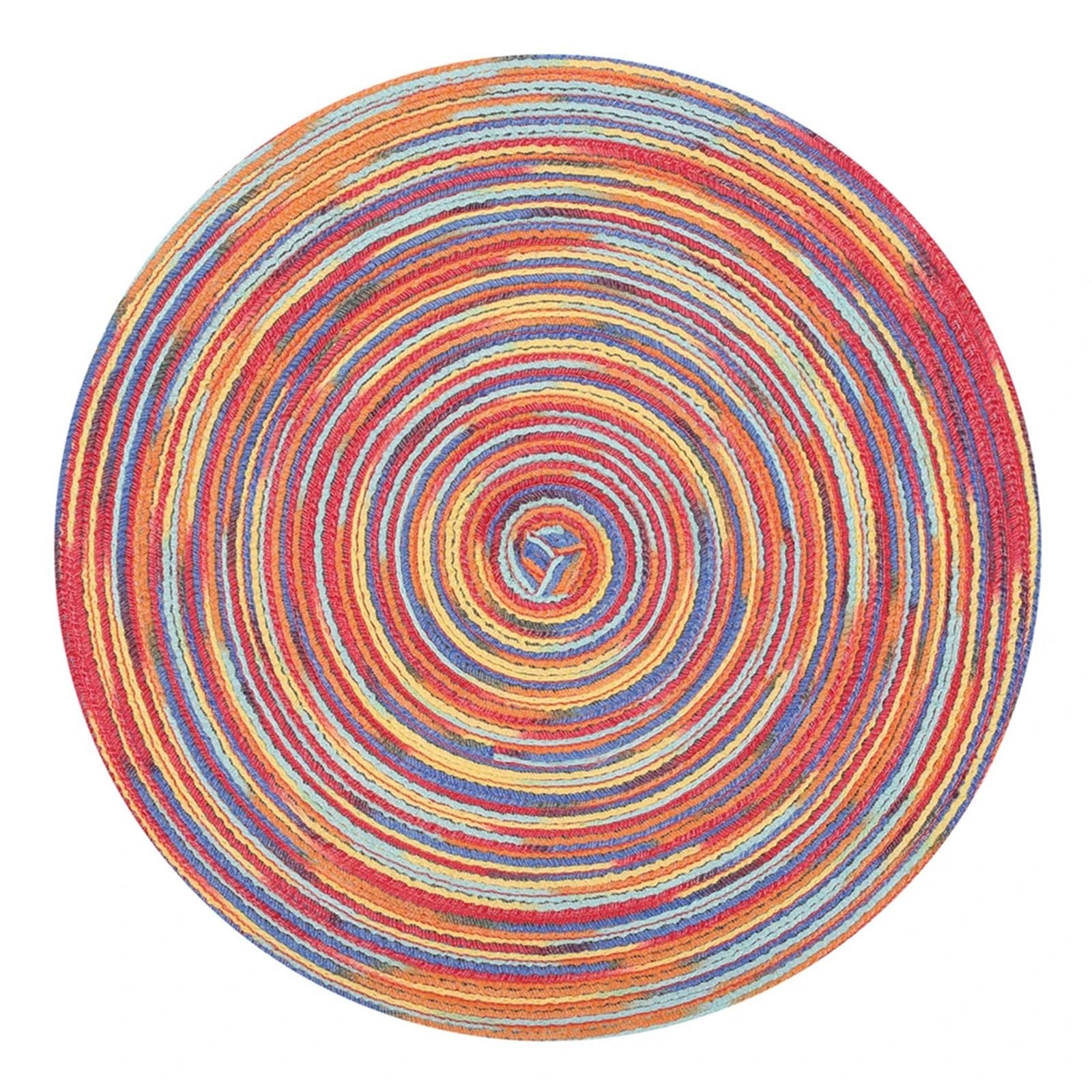 Woven Placemats Cotton Place Mat Woven Round Placemats 34/38cm Heat Resistant Table Mats Washable Plate Coasters(Rainbow Red,Set of 6 w Coaster)