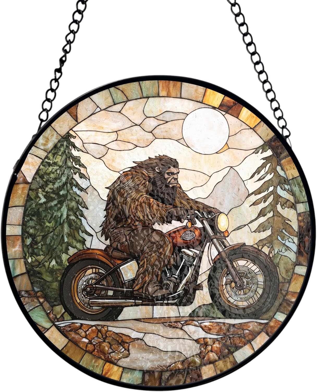 Bigfoot Motorcycle Stained Glass Suncatcher | Funny Cryptid Forest Theme Window Art, Biker Dad Gift Idea for Father's Day (7.8)