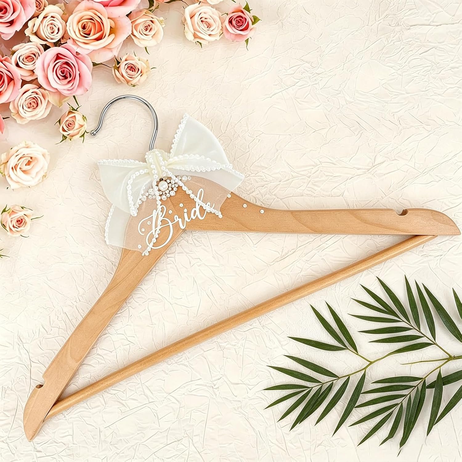 Bride Hanger for Wedding Dress, Wooden Wedding Hangers Bridal Hanger Personalized Hangers with Bow Tie & Pearl for Wedding Party Gifts Accessories
