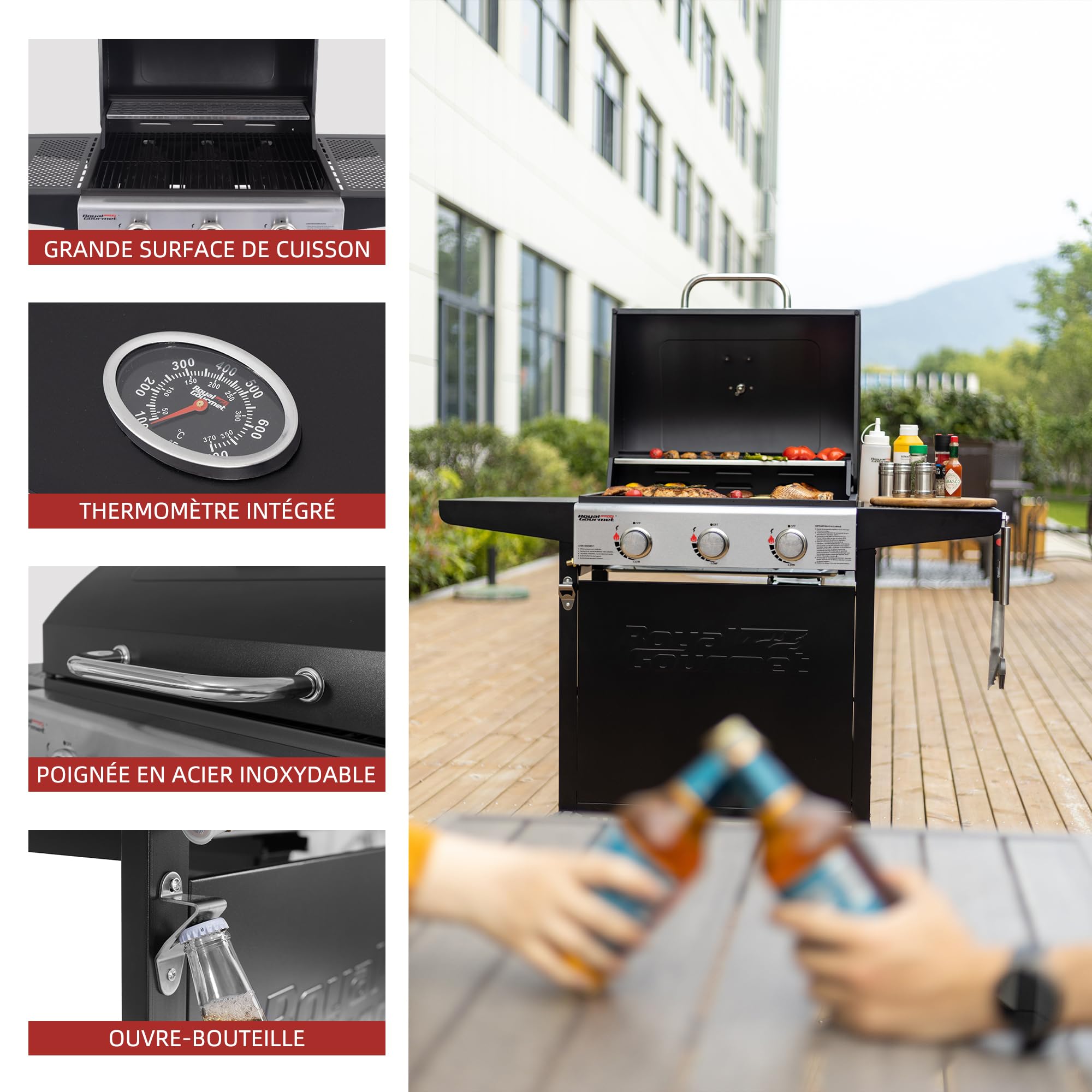 Royal Gourmet Barbecue Gaz sur Chariot, 3 Brûleurs BBQ Gaz avec Capot, Puissance 9kW Propane, 2 Grilles en Émaillée, 2 Table Latérales, Thermomètre Intégré, Adapté pour Jardin et Camping