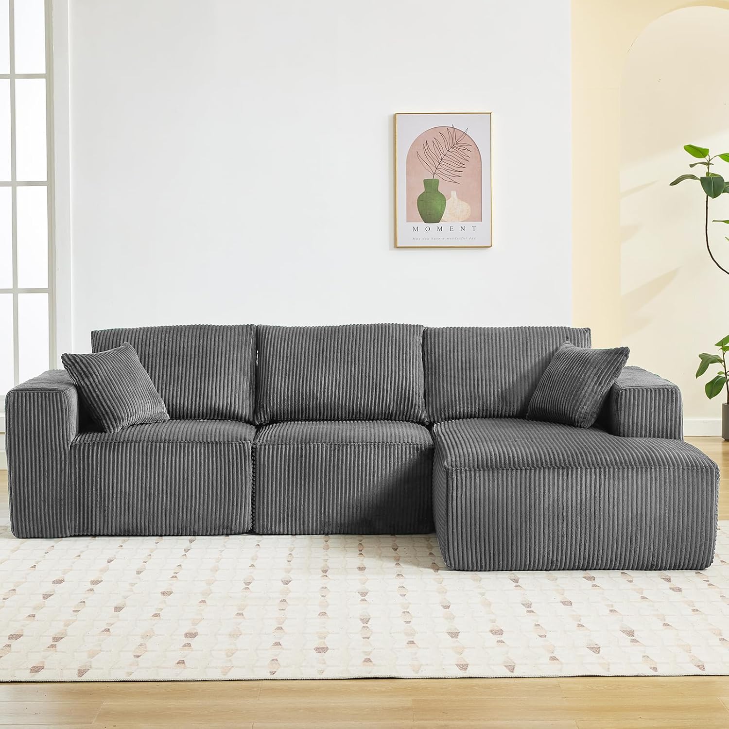 108” Modular Sectional Sofa, Cloud Foam Sectional Couch with L-Shape Chaise/Throw Pillows/Plush Corduroy Fabric, No Assembly Required, Space-Saving, Boneless Compression Sleeper Sofa for Living Room