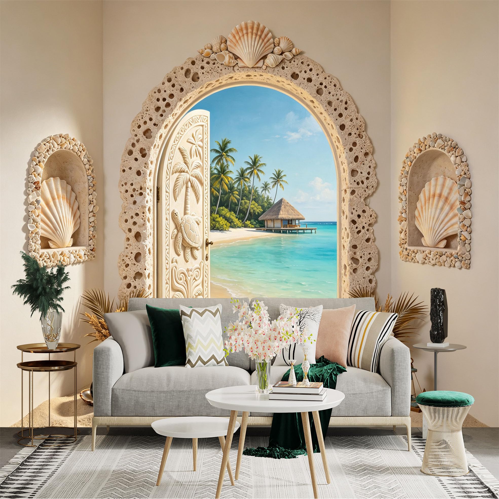 Custom Size Wall Sticker Mural， Tropical Beach Ocean View with Palm Trees and Seashell Archway， for wall Decoration， peelandstick wall Decals.