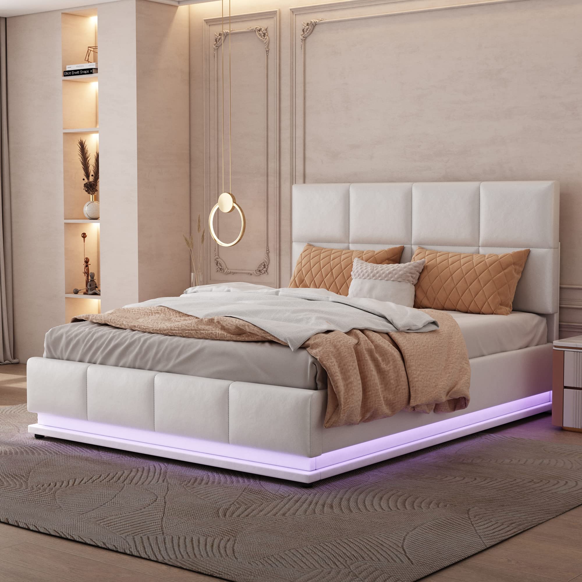 Letto Imbottito 140x200 Rivestimento in Similpelle Idrorepellente Letto Contenitore Fornito senza Materasso Giroletto Meccanismo Idraulico sotto la Rete Camera Bianco