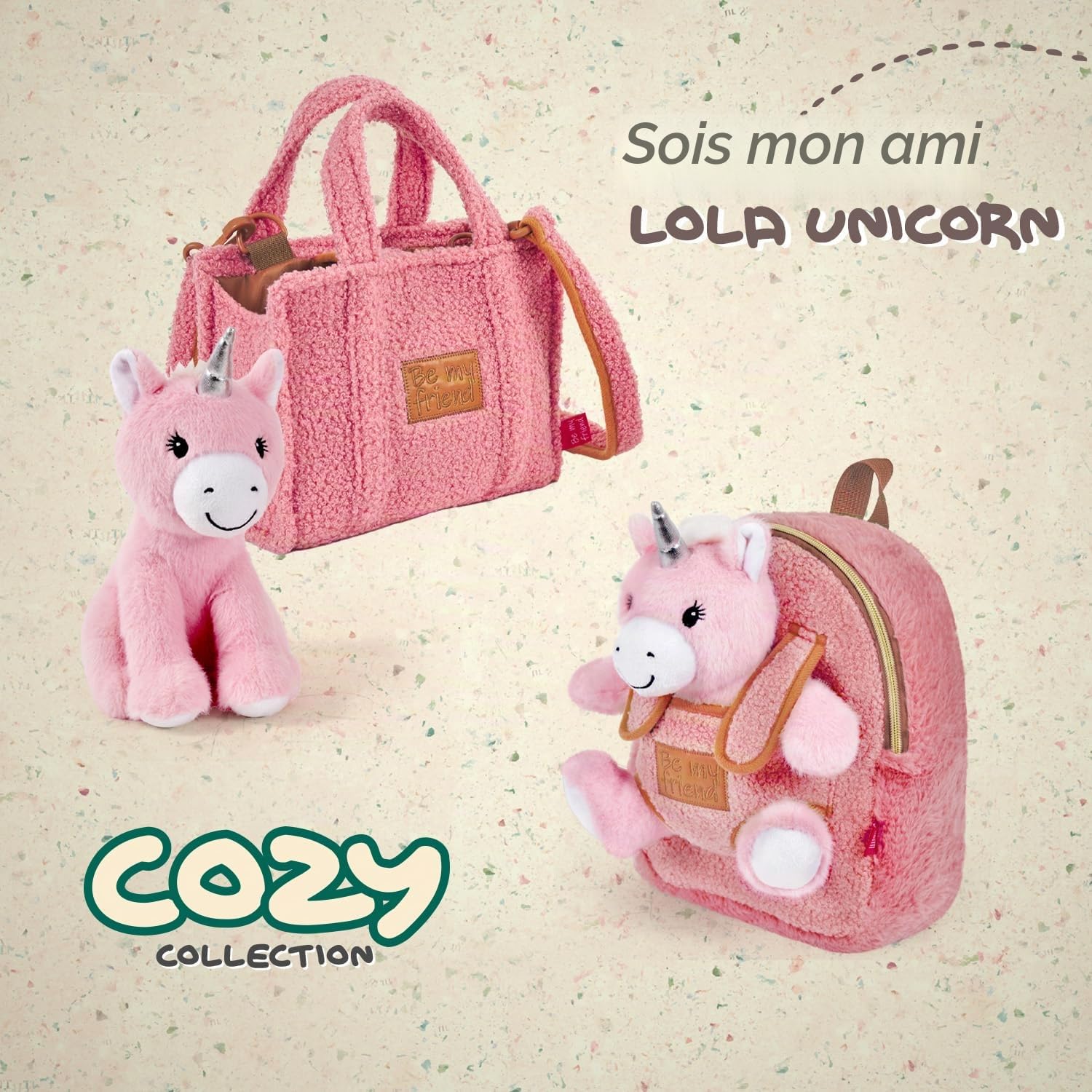 PERLETTI Sac à Dos Peluche pour Enfant 3 4 5 Ans - Mini Cartable Doux Mignon de Voyage et Doudou Animal École Maternelle - Petit Jouet et Sacoche Petite Fille Garçon Bébé - 27x21x9 cm (Licorne)