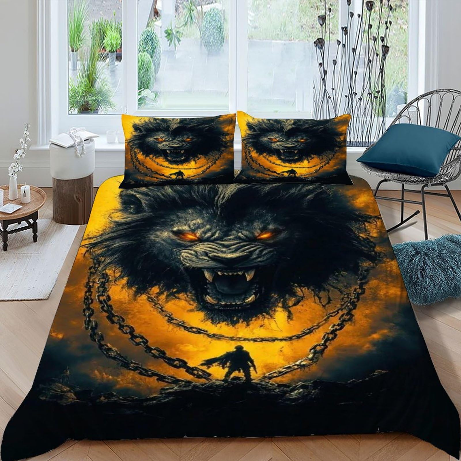 Housse de couette lion 220x240 parure de lit microfibre avec 2 taies d'oreiller imprimé animal