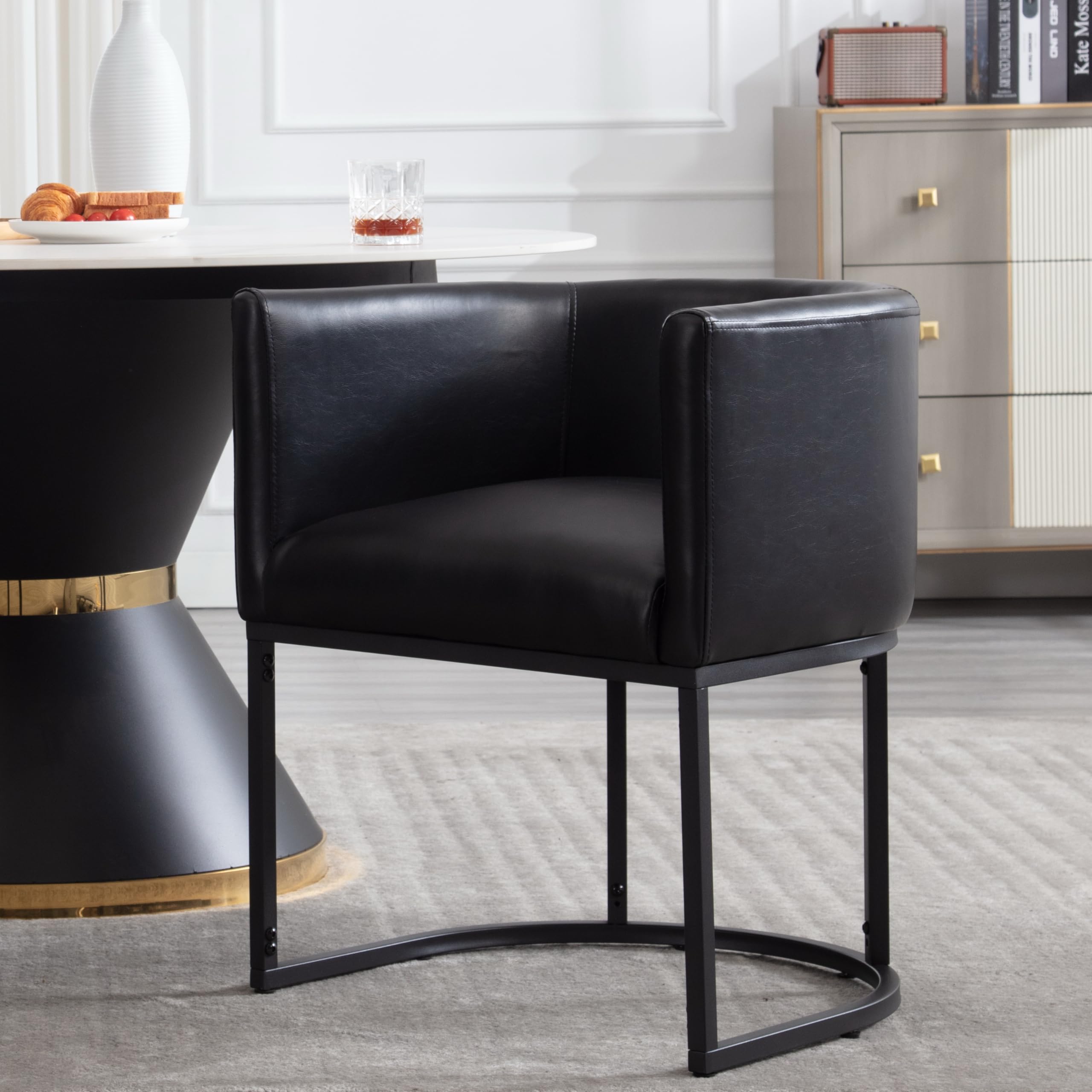 RIVOVA Upholstered Dining Chair, Modern Barrel Side Armchair Upholstered Dining Room Chairs Comfy Armchair Kitchen Side Chair for Living Room, Black PU Leather