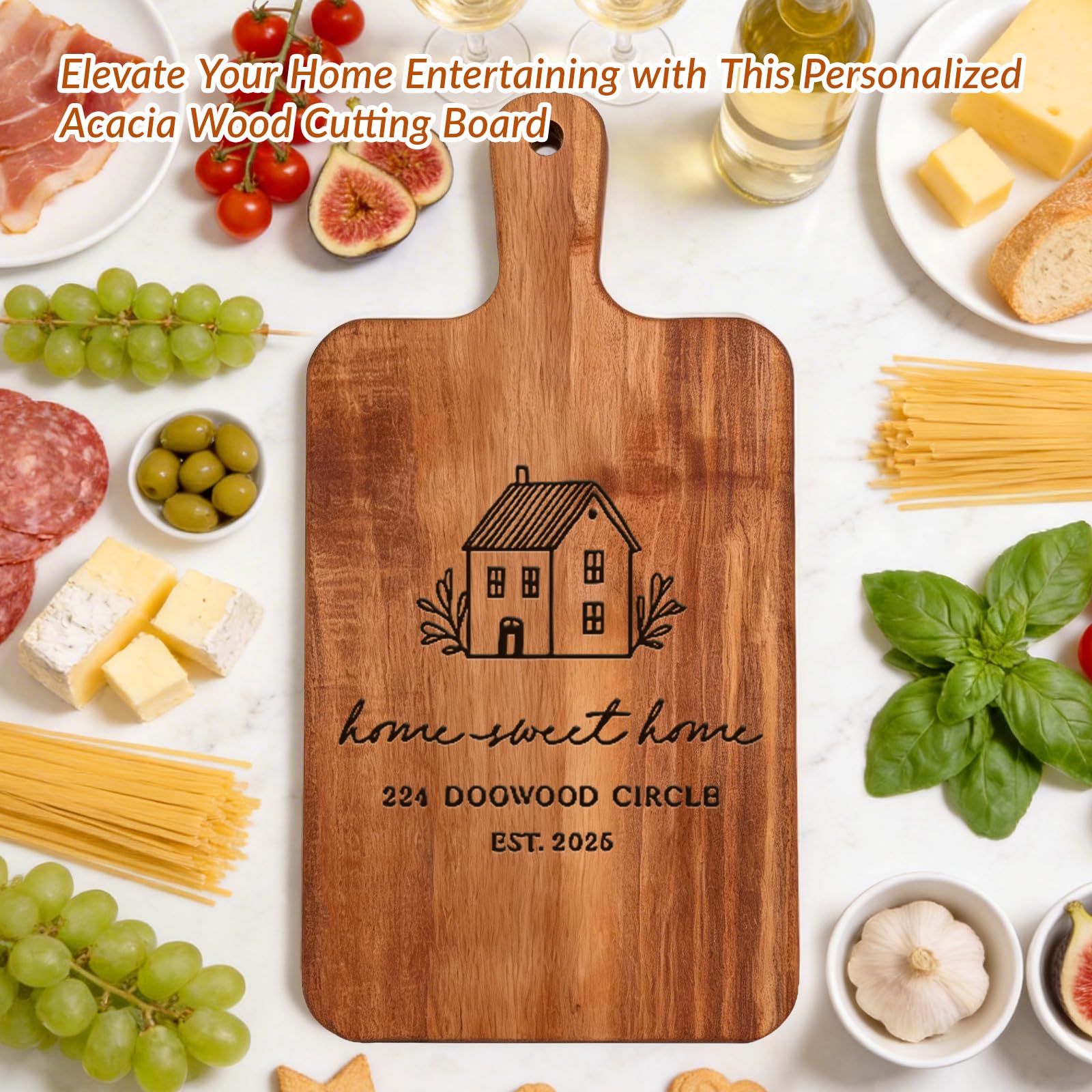 Tabla de cortar de acacia personalizada con asa, tabla de queso con nombre grabado personalizado, para charcutería, carne, pizza, pan, verduras, regalos para mamá, esposa, familia, amigos