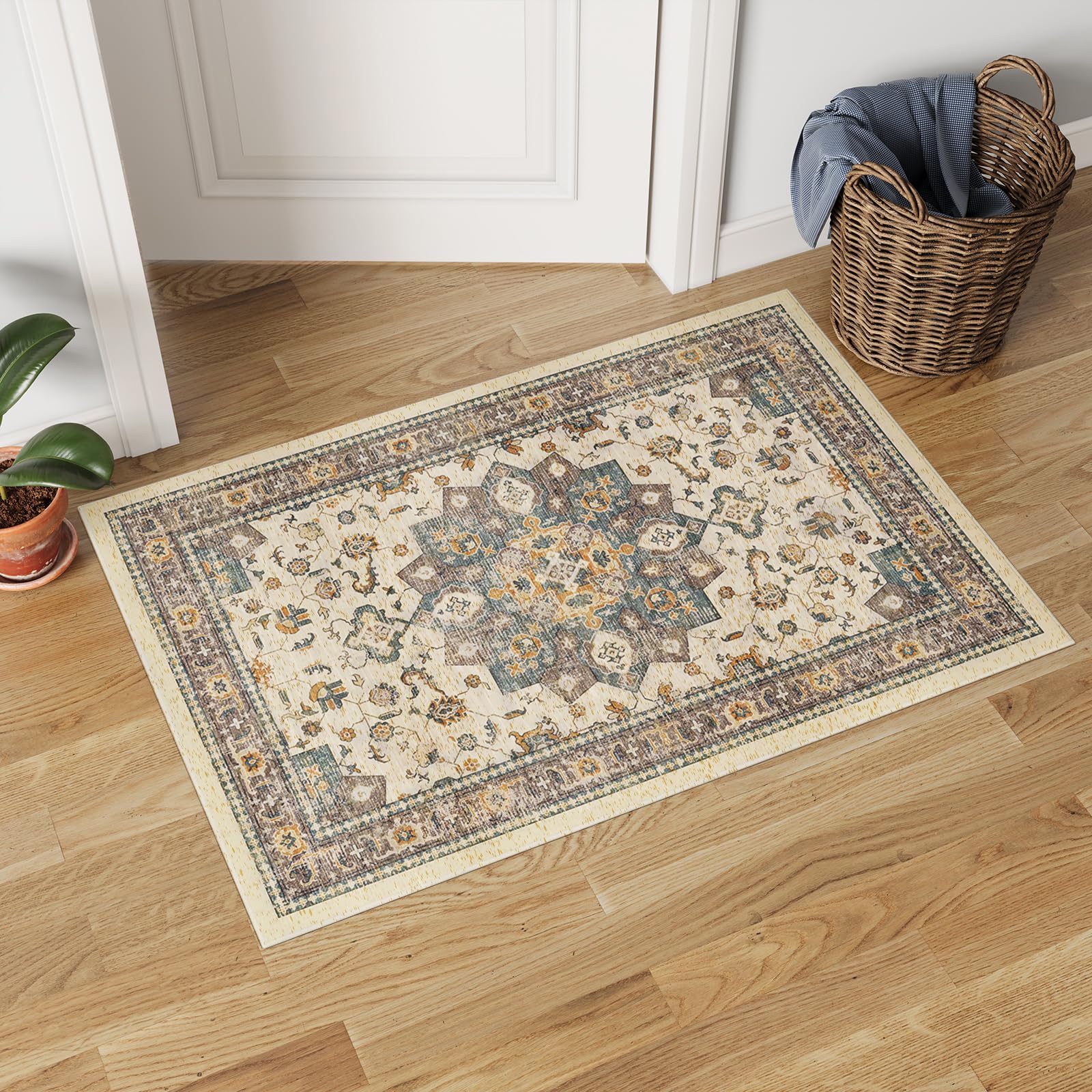 Dripex Vintage Collection Washable Area Rug - 2x3 Door Mat Small Entryway Rug Distressed Non-Slip Low-Pile Floor Carpet for Indoor Front Entrance Kitchen Bathroom Living Room Bedroom