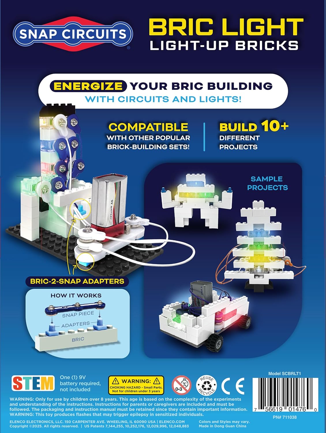 Snap Circuits BRIC Light, Building Bricks & Electric Circuit Kit for Kids, STEM Educational Toy for Kids 8+, Light Up Bricks, 10 Builds Included, Compatible with All Major Brands
