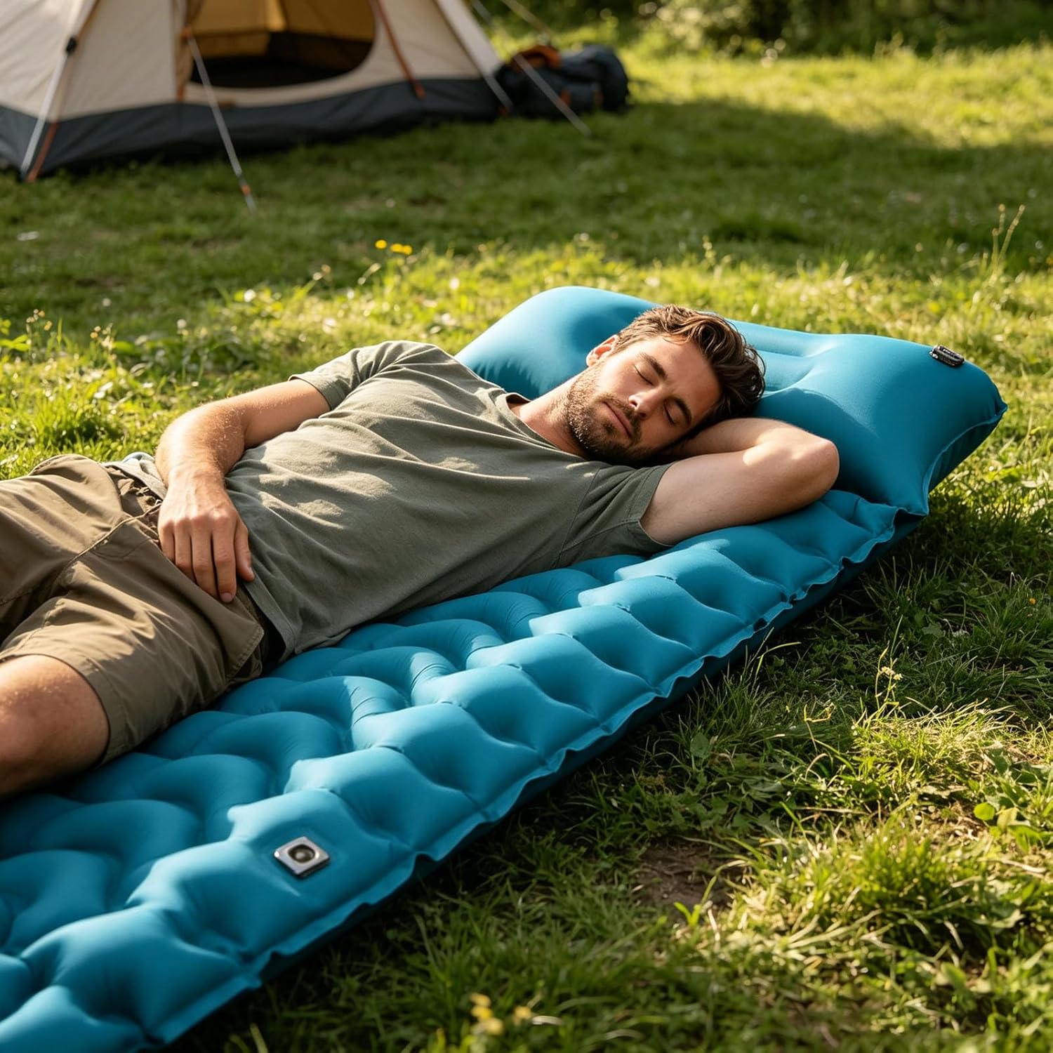 Double Camping Sleeping Pad, Lounge Mat, Thick Memory Foam Sleeping Pad for Camping, Self Inflating Travel Air Mattress with Pump, Ultra-Portable for Backpacking, Traveling (Sky Blue#M)