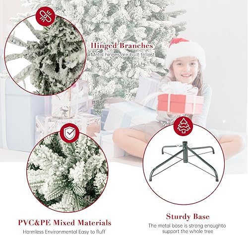 Miniatura 7 de SUNCROWN Árbol de Navidad artificial flocado de 7 pies, árbol de Navidad esmerilado de alta calidad, árbol de Navidad con bisagras, decoración