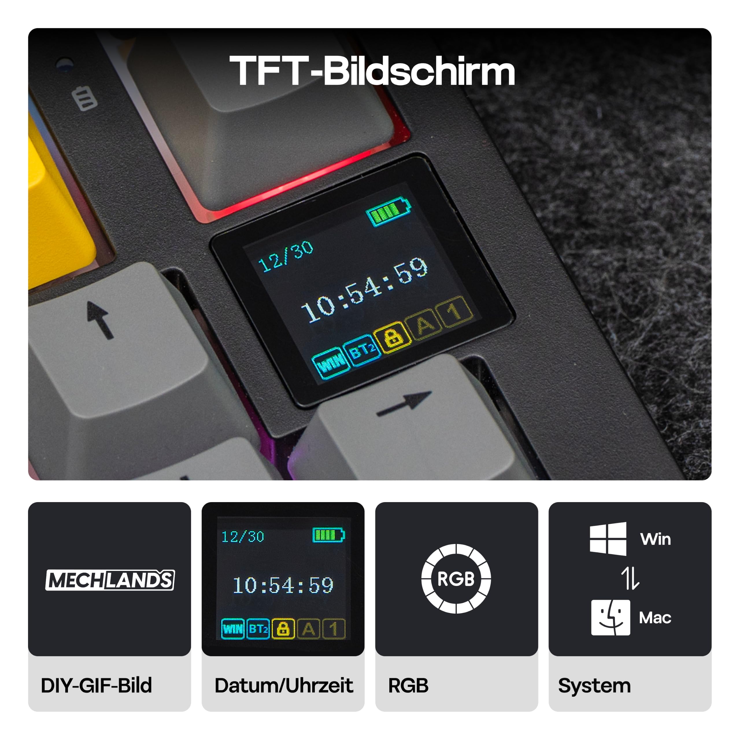 MechLands AK820 PRO 75% Mechanische Tastatur, QWERTZ Deutsches Layout, 3 Modi Drahtlose Tastatur mit TFT-Bildschirm & Cremiger Dichtungsstruktur, Hot-Swap-fähig, RGB, NKRO für Win/Mac (Schwarz)