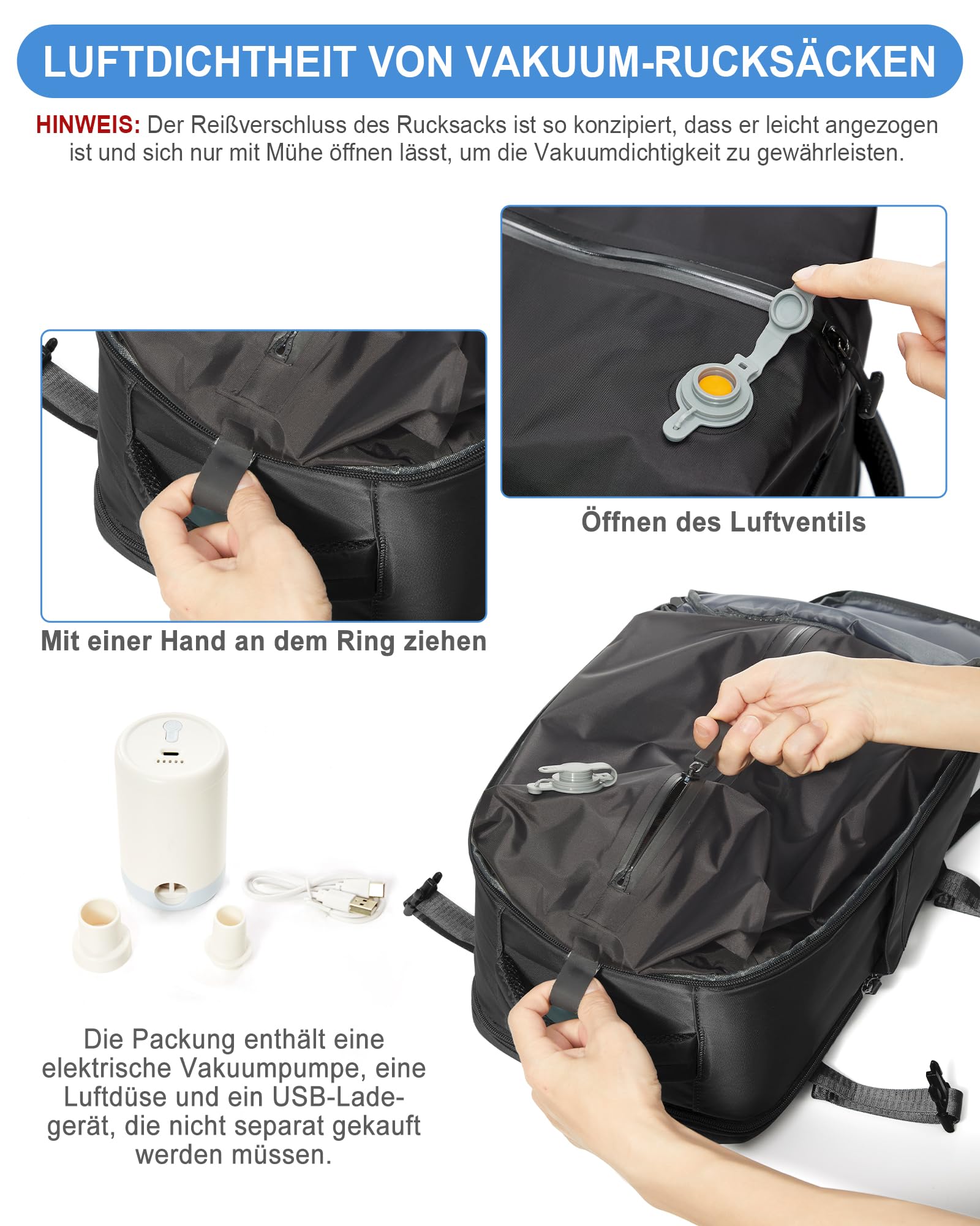 suradar Vakuum Rucksack Handgepäck Vacpack, Ryanair Handgepäck 40x20x25 Vakuum Backpack Travel Airbag Rucksack mit Vakuumsystem, Vacuum Backpack mit Luftpumpe für Flugzeug Herren Damen Schwarz