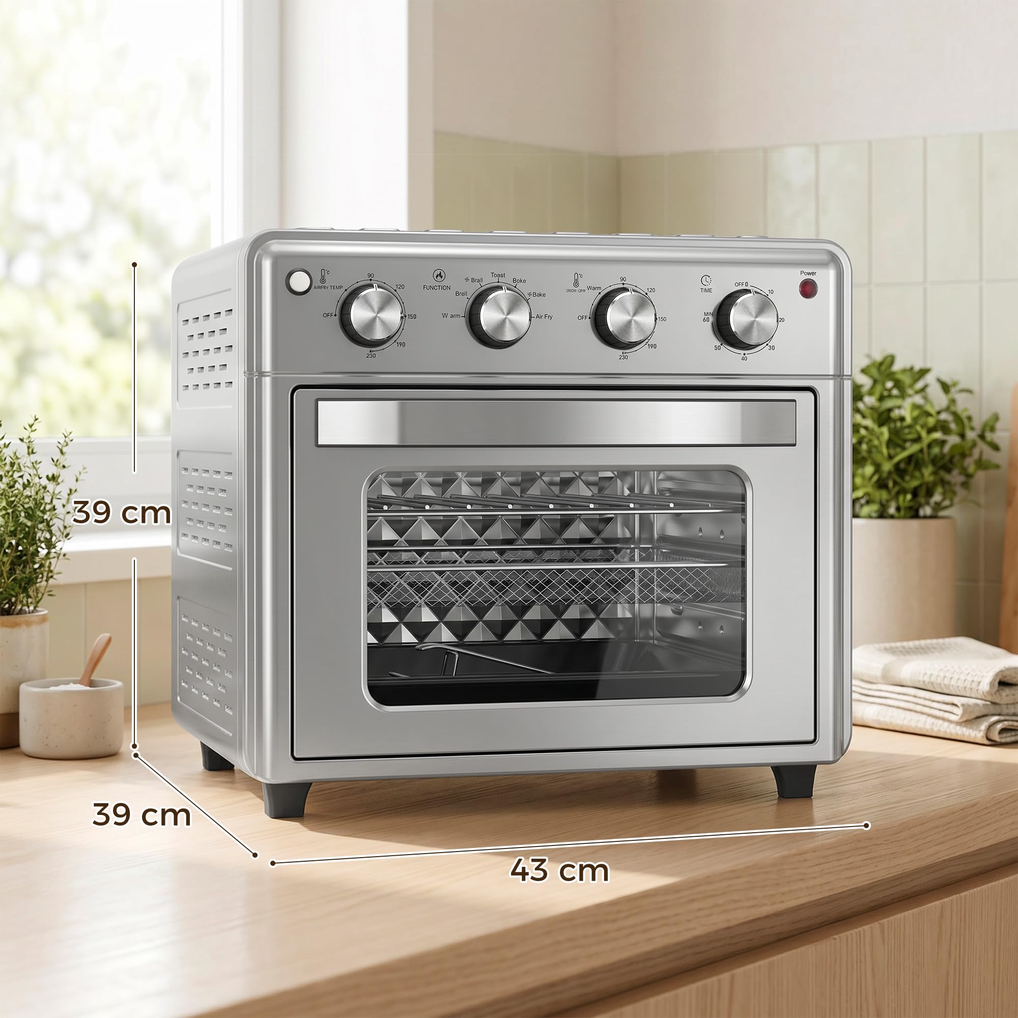HOMCOM Horno Eléctrico Multifunción de Sobremesa 43x39x39 cm Plata | Mini Horno Tostador, 30L, 1600W, Freidora de Aire, 7 Modos de Calor, Temporizador y Temperatura Regulable