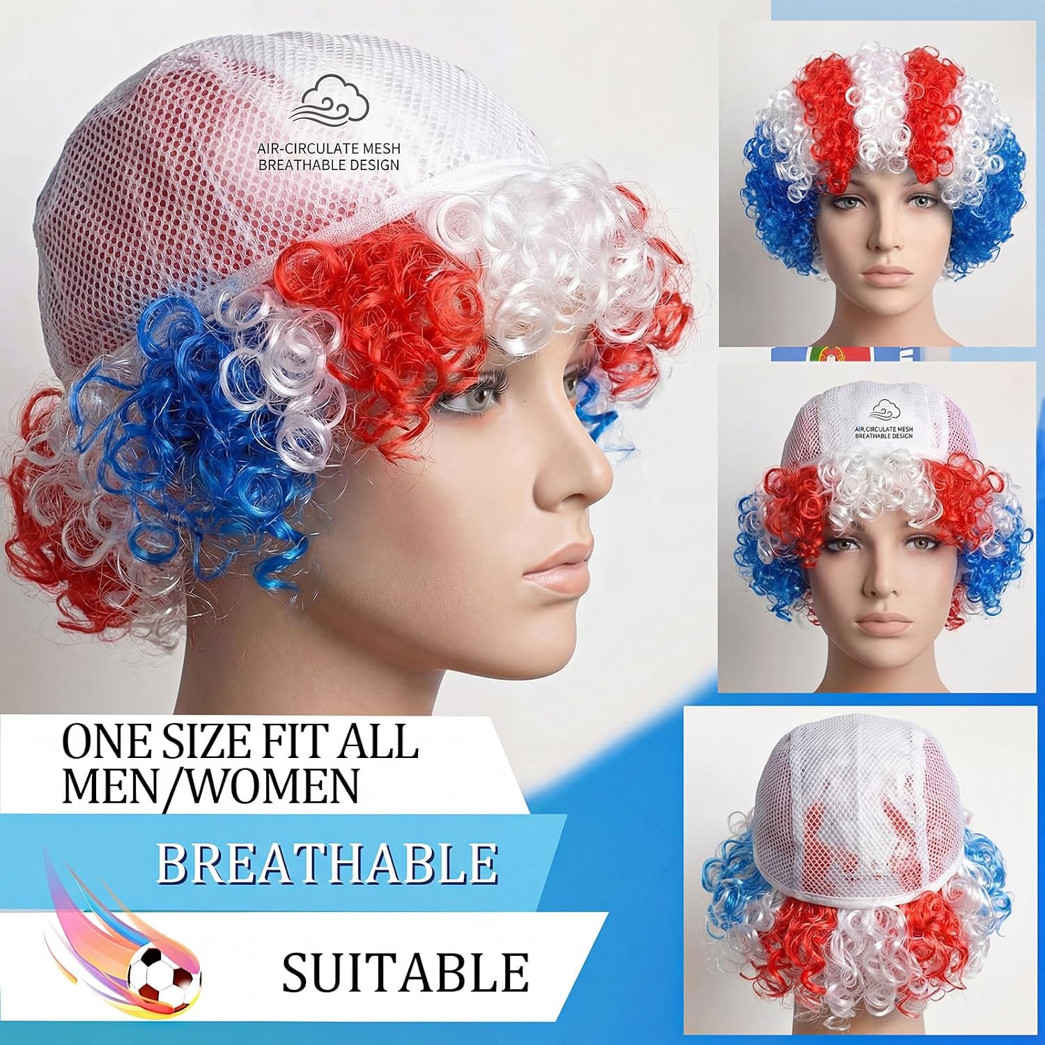 4th of July Afro Wig Men Women Short Fluffy 2026 Sports Fans Funny Colorful Cosplay National Color Party Wigs (USA)