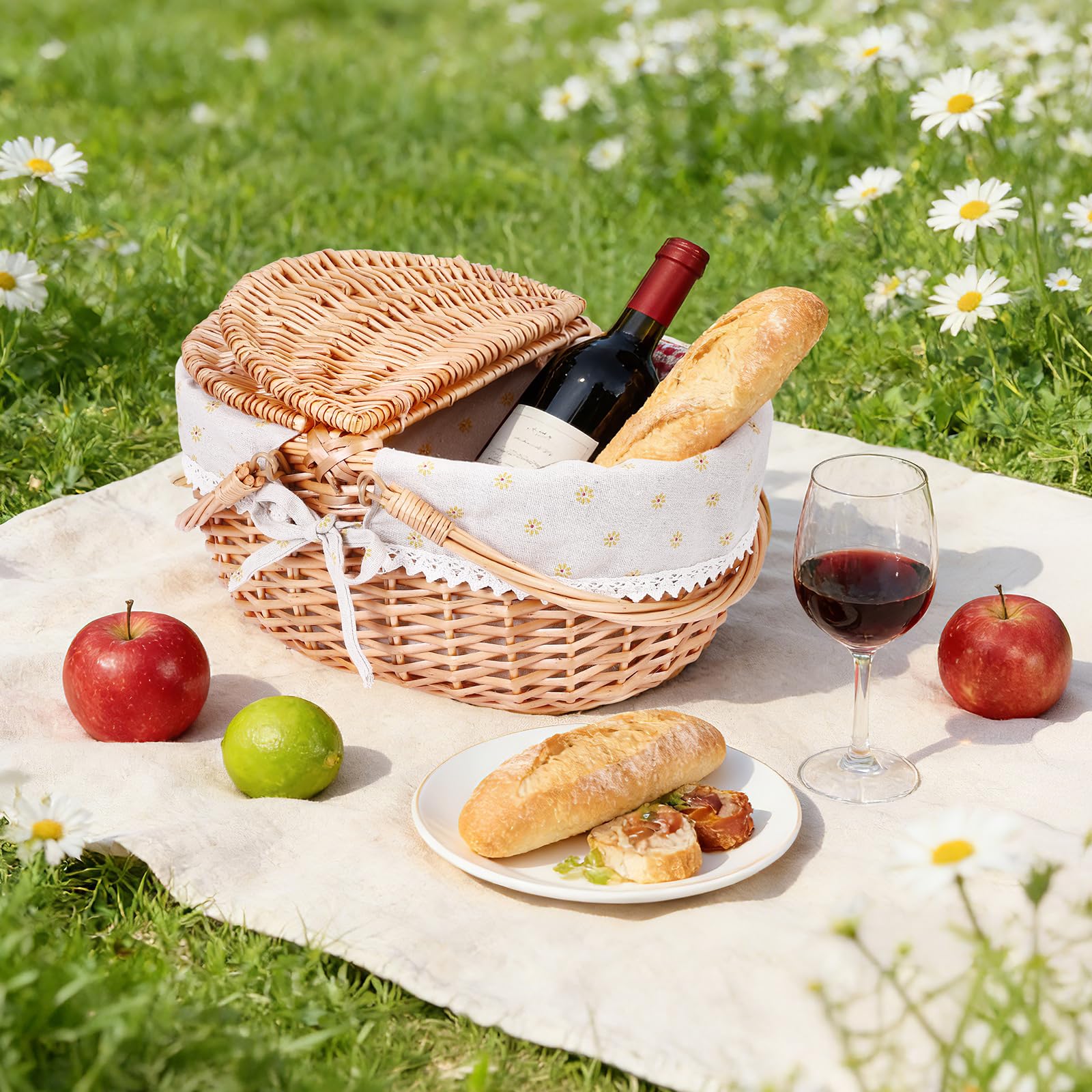 Picknickkorb,Picknickkorb 2 Personen mit Doppelt zu öffnendem Deckel und Klappbarem Griff,Picknick Korb Klein mit Herausnehmbarem Baumwollfutter für Picknicks, Camping(Gelb/40x34x19CM)