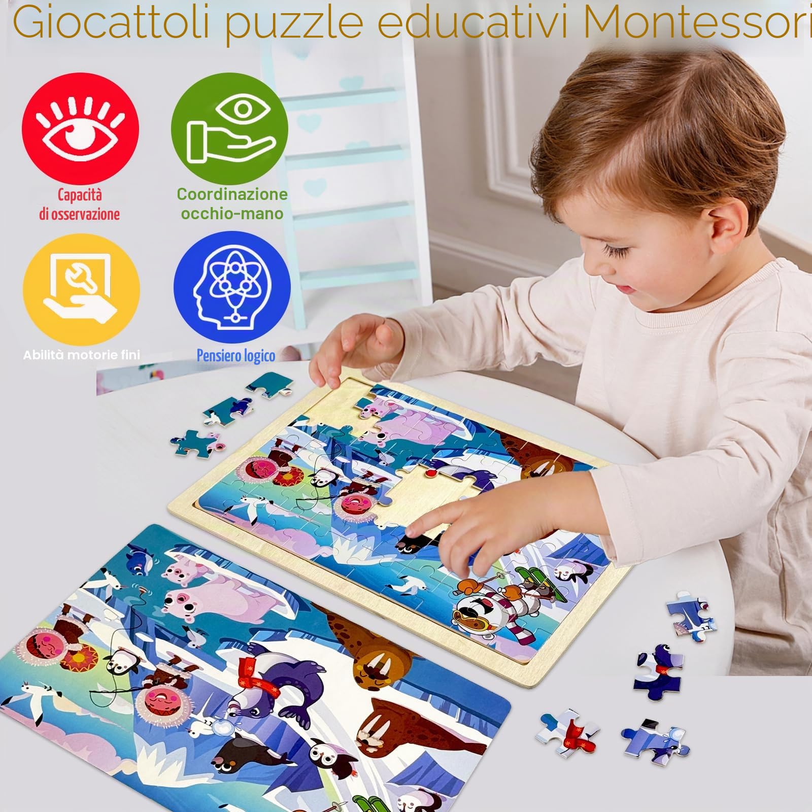 Puzzle Bambini 3 Anni, 5 Set 60 Pezzo Puzzle Legno Bambini, Giochi Legno Montessori Puzzle Dinosauri, Animali, Spazio, Veicolo, Gioco Educativo Regalo per Ragazzo e Ragazza di 3 4 5 Anni