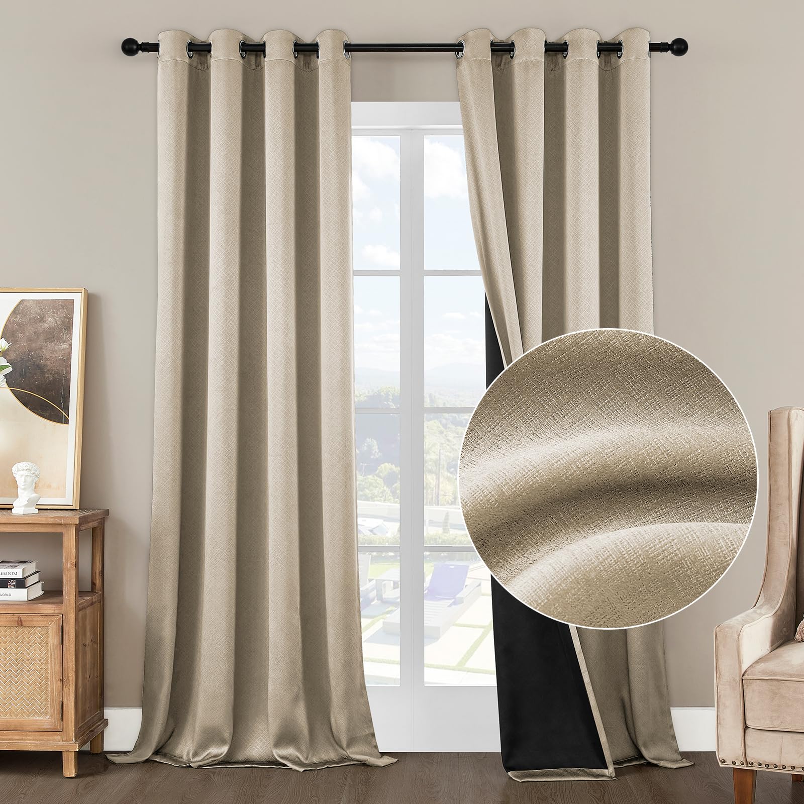 MISSTIAM Beige Blackout Curtains for Bedroom and Living Room 2 Panels Set 52 inche Wide 84 inches Length Thermal Insulate Curtains, Cold or Heat and