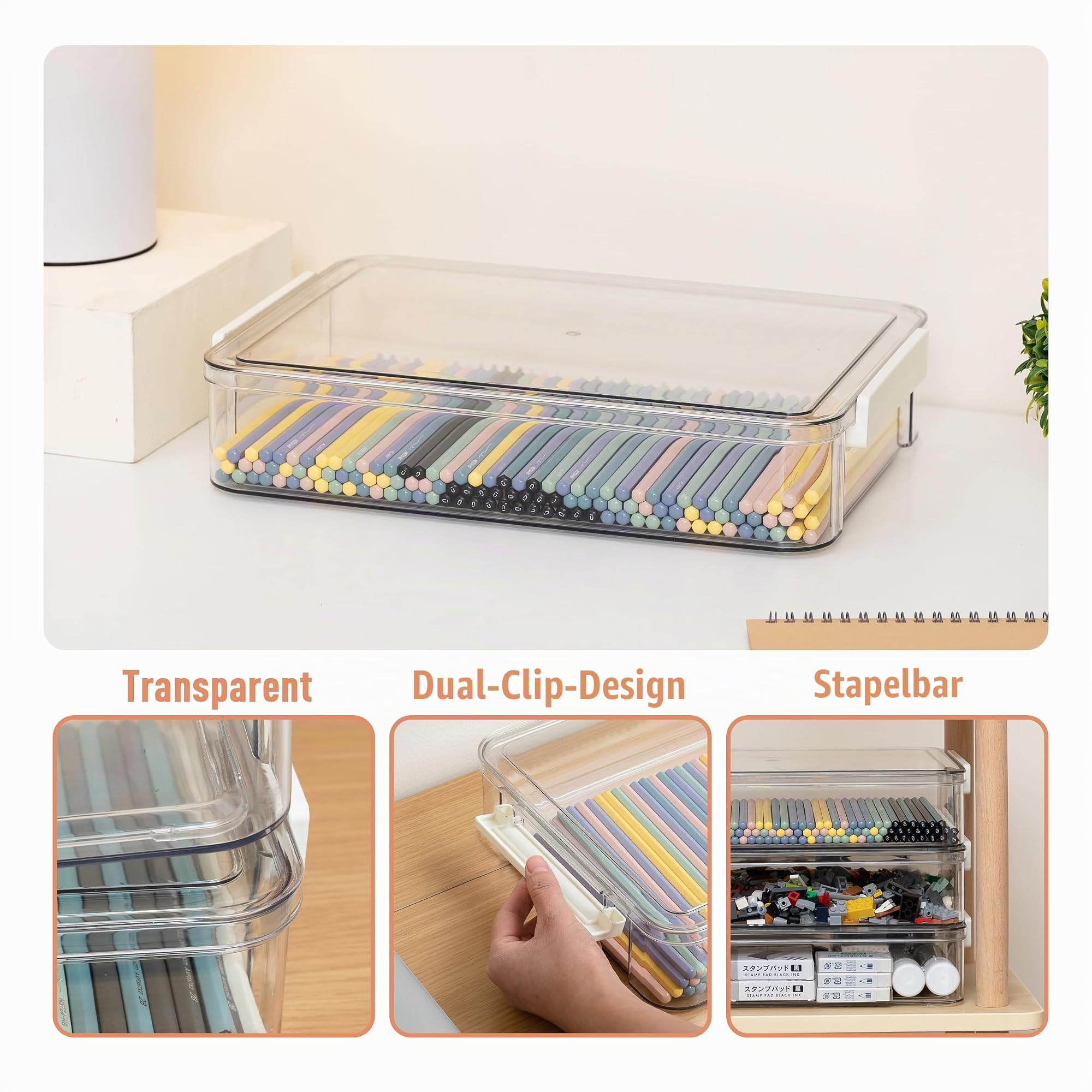 Citylife 3 Pack Acrylbox Aufbewahrungsbox mit deckel Bürobedarf, Stapelbar Transparent Stiftebox, Plastikbox für die Organisation von A4 Papier, Aquarellstift, Dokument, Büro, Foto(Groß)