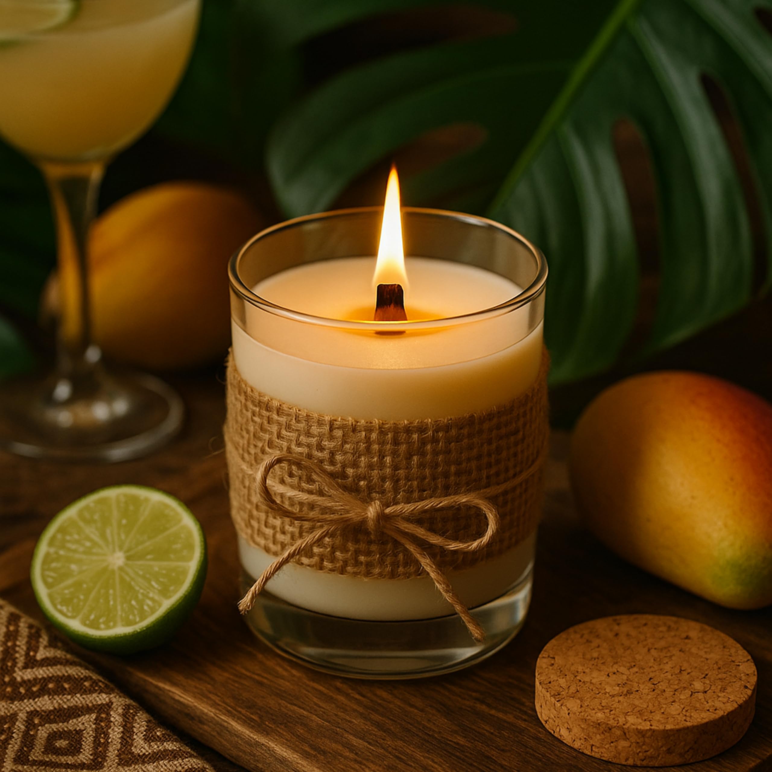 Vela Aromática de Soja con Aroma de Lima y Mango, Ecológica y Artesanal con Mecha de Madera, Regalo Original para Cualquier Ocasión, 450g