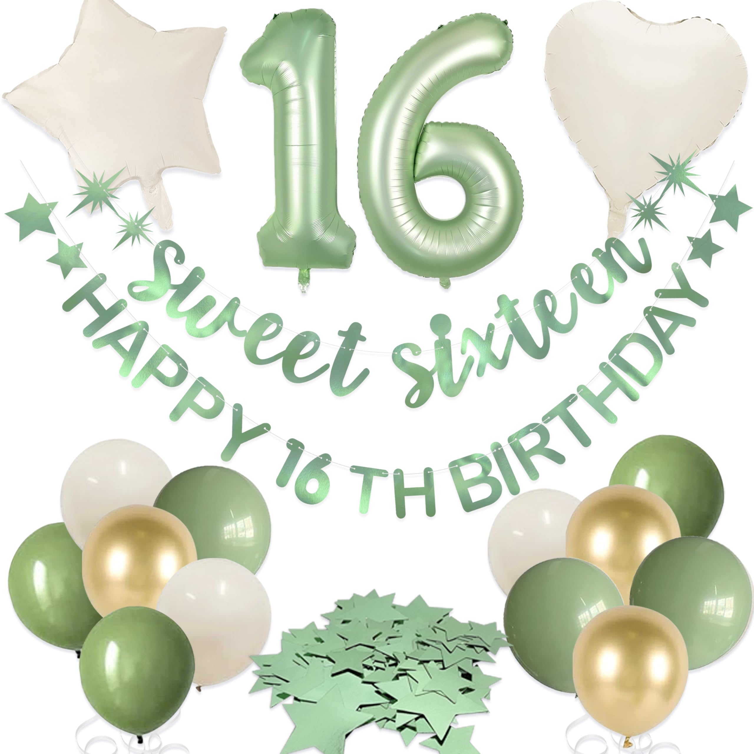 Sage Green Sweet Sixteen Happy 16th Birthday Banner Garland Foil Balloon 16 for Sweet 16 Decorations 16th Birthday Dercorations for Girls Cheers to 16 Years 16 and Fabulous Party Backdrop Supplies