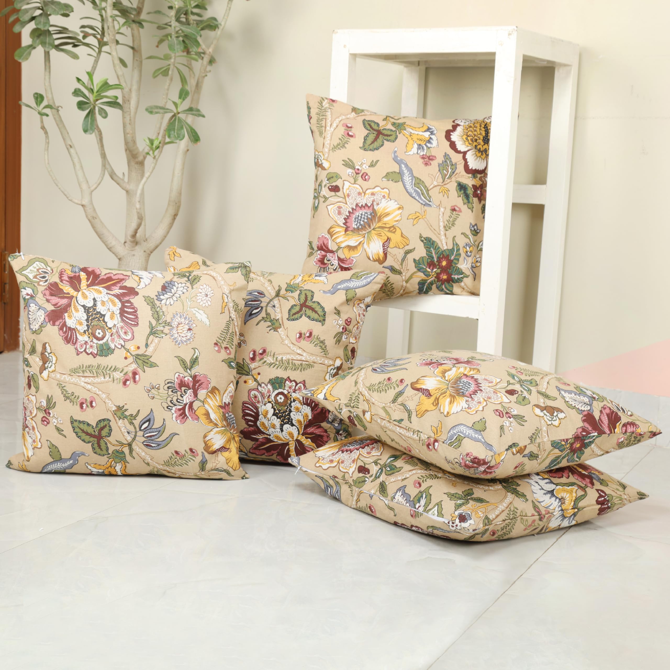 Clasiko Cotton Cushion Covers Set of 5; 12x12 Inches; Floral Fushion-image-37