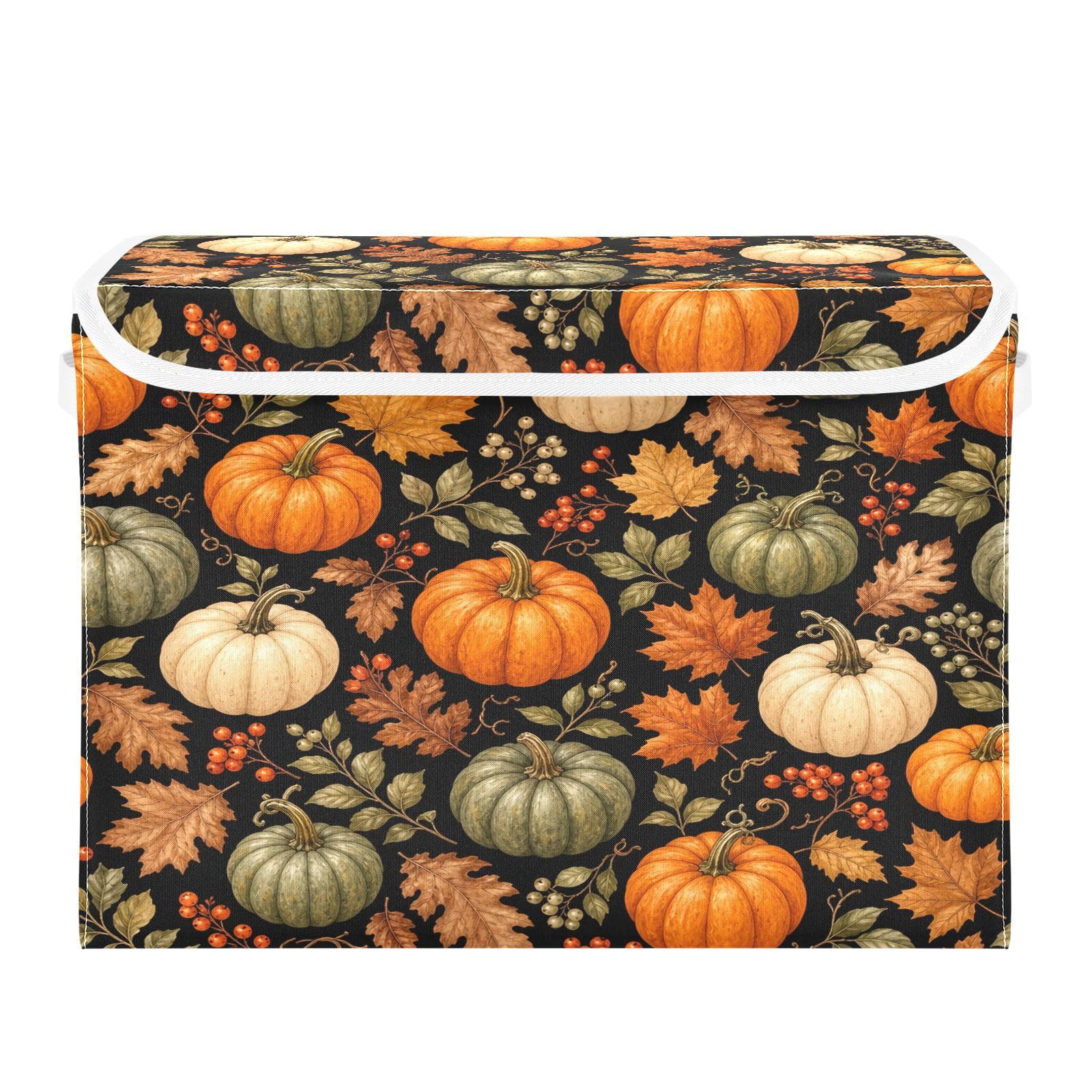 Ewusp Pumpkins Fabric Storage Bin with Lid, Decorative Foldable Storage Basket with Handles, Stackable Closet Shelf Organiser Box for Clothes, Books, Bedroom, Living Room
