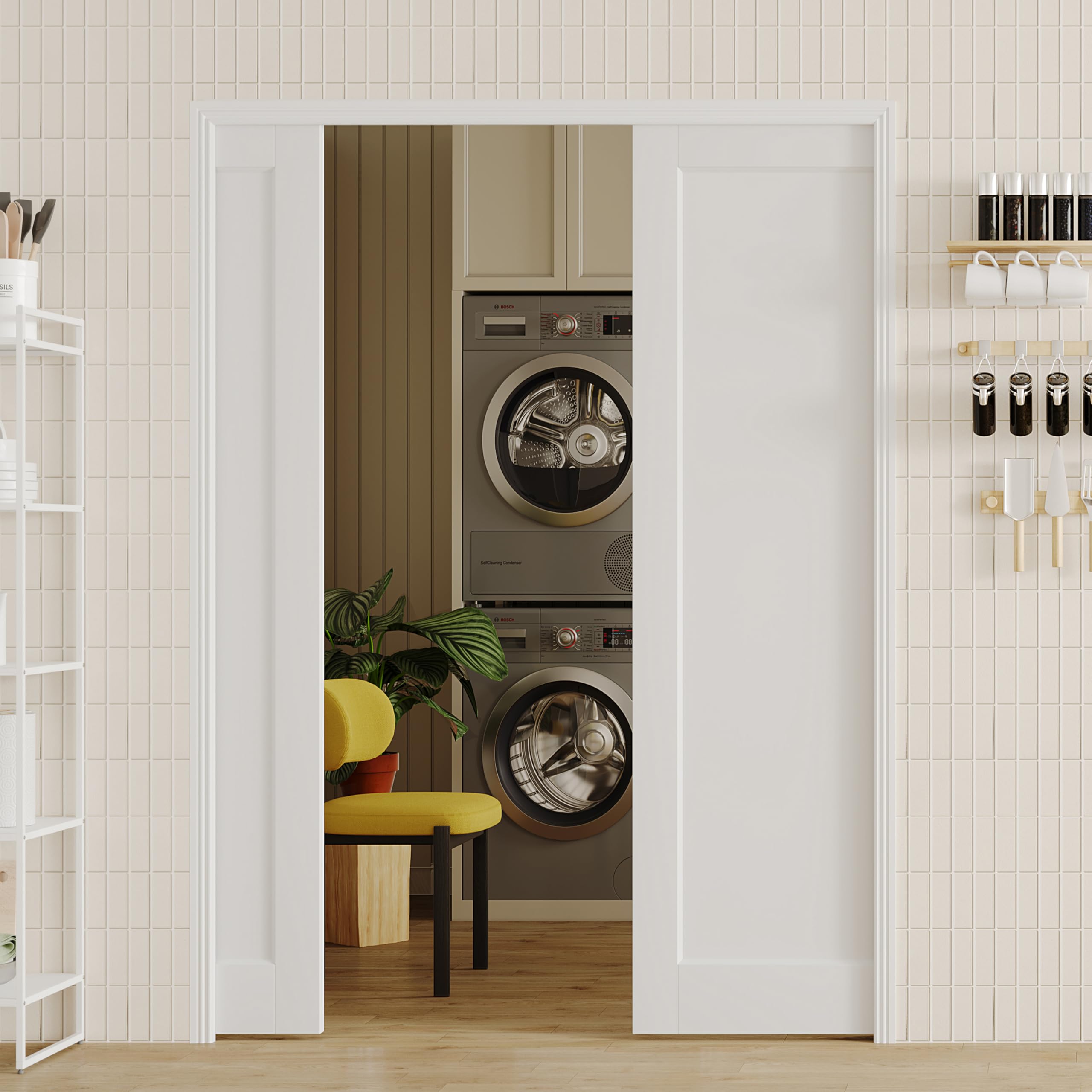 Sliding Pocket Door, 56"(2 x 28) x 80", 1-Panel Core with Frame and Hardware Kit Set, Interior Doors for Pocket Door, White Primed - No Panel Assembly Required