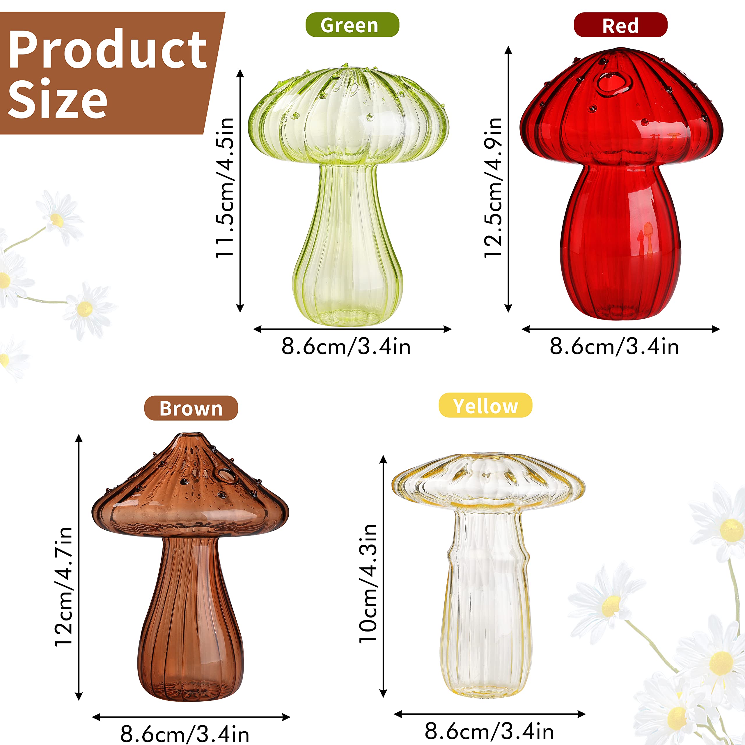 Lot de 4 vases en verre en forme de champignon - Vase hydroponique transparent - Fleurs et plantes pour décoration de table, décoration de maison, fête de mariage (4 couleurs)