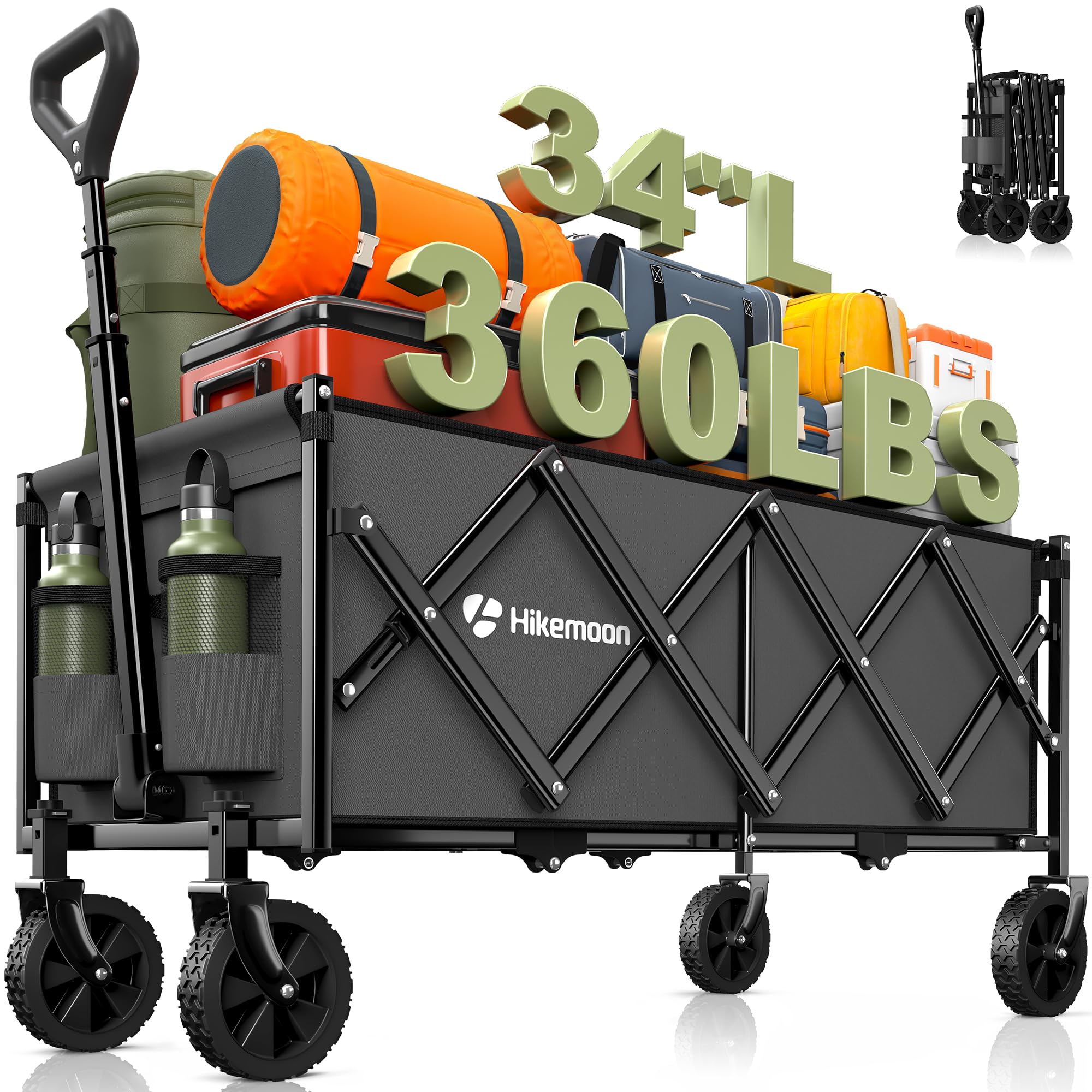 Photo 1 of Hikemoon 34'' Extra Long Collapsible Wagons Carts Foldable, 360LBS Heavy Duty Folding Beach Wagon with Wheels, Portable Utility Outdoor Cart for Grocery, Garden, Sports, Camping, Grey