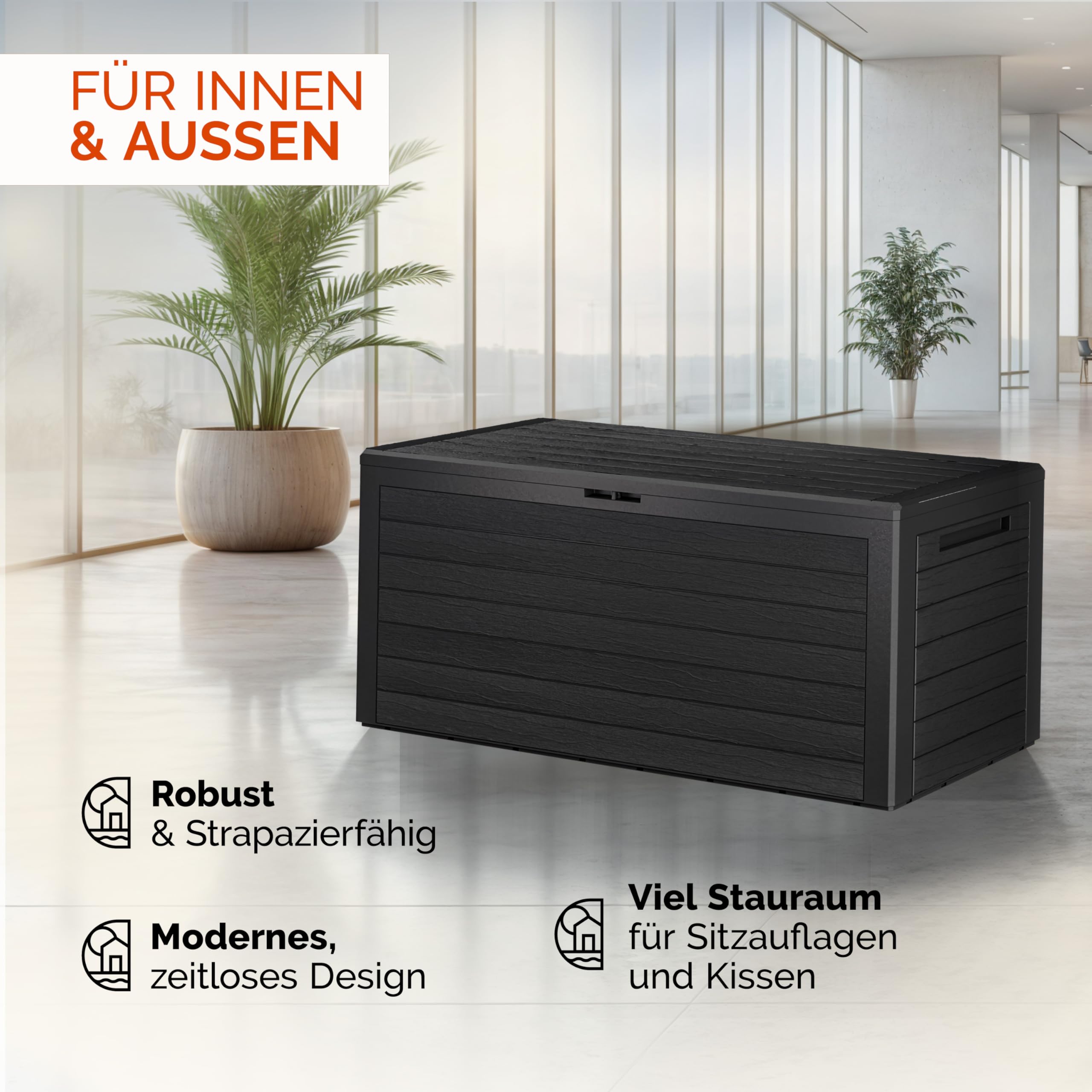 Casaria® Gartenbox 280L UV-beständig Griffmulden Verschlussvorrichtung Balkon Terrasse Wohnzimmer Wintergarten Kissenbox 116x43cm Holz-Optik Anthrazit