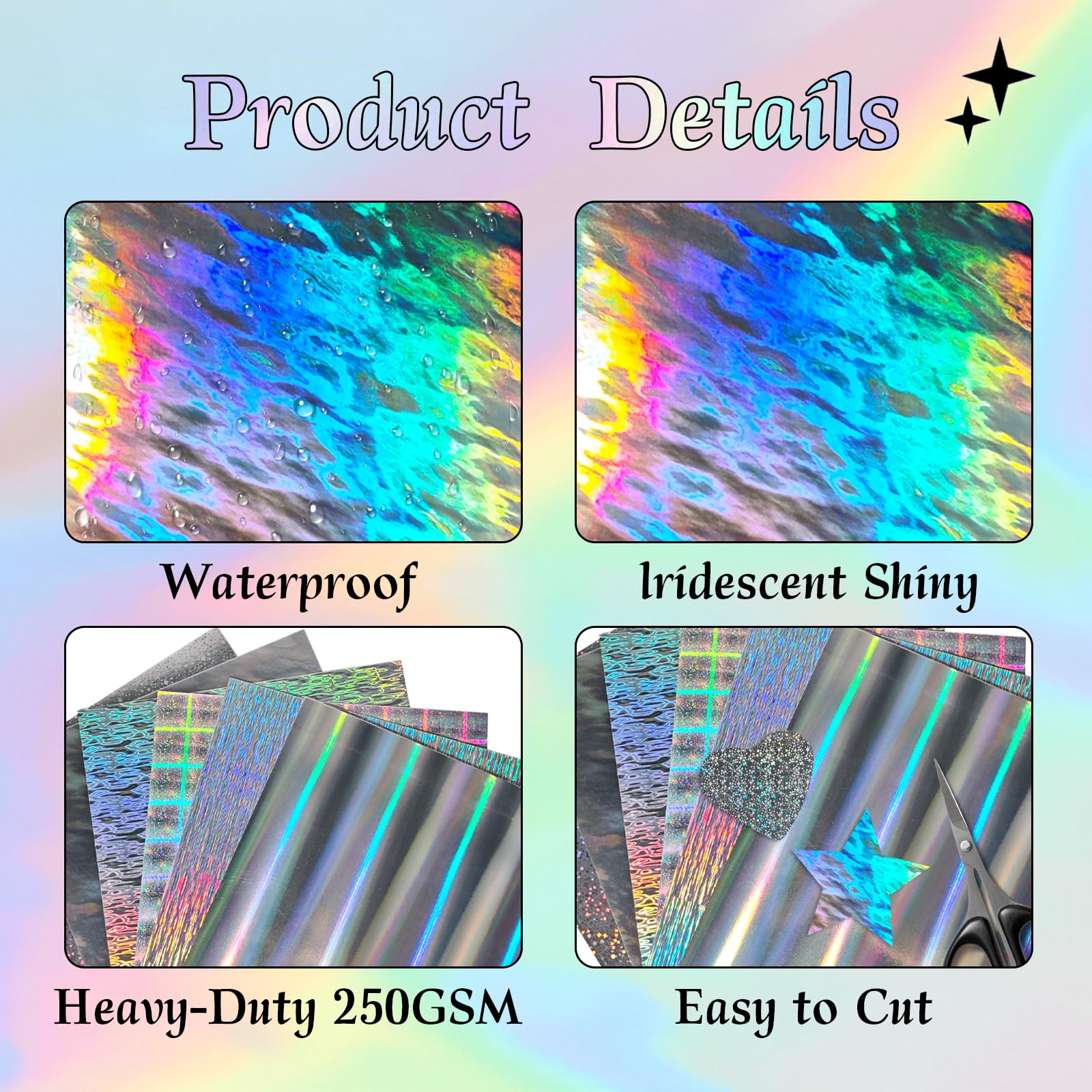 24 arkusze kartonu holograficznego, 21,5 x 28 cm, 250 g/m², 6 mieszanych stylów, metaliczny karton, błyszczący, opalizujący papier lustrzany, gruba folia do scrapbookingu, tworzenia kart, rękodzieła