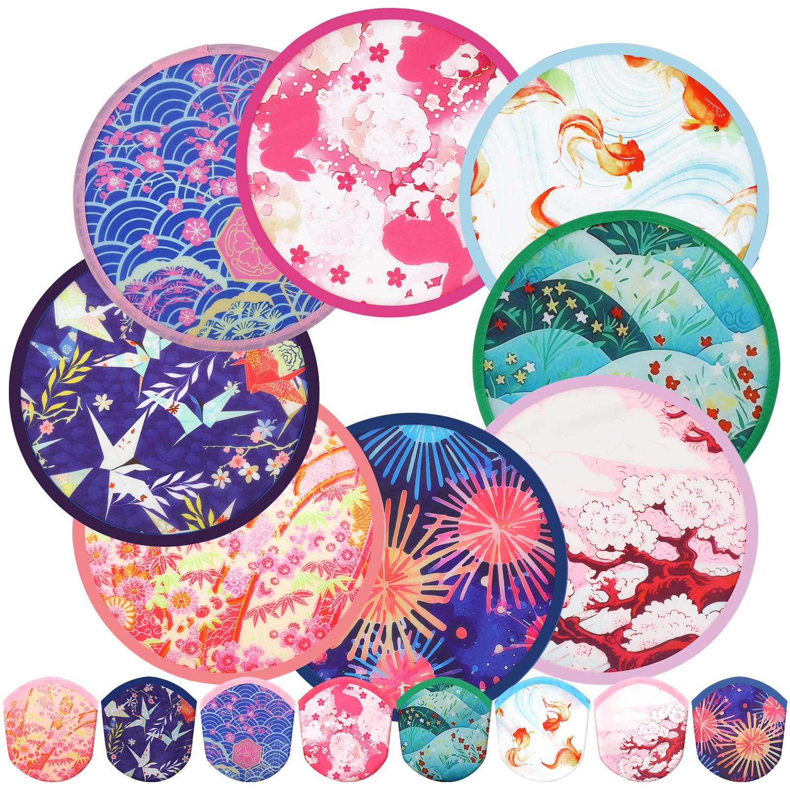 Gejoy 24 Pcs Foldable Fan Japanese Foldable Fan Style Summer Flower Handheld Round Folding Flying Disc for Women Man Daily Use Festival Wedding Party Favors Decorations Portable, 8 Style