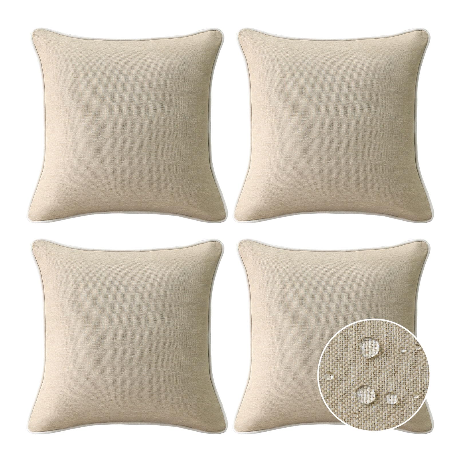 Decorative Outdoor Water Repellent Throw Pillows with Inserts, Set of 4, 18" x18" Pillows for Patio, Backyard, Bed, Couch, and Patio Furniture, Tan