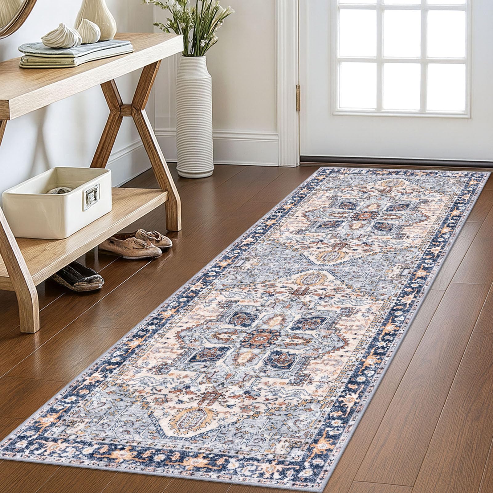 KOZYFLY Runners for Hallways 2x6 Ft Washable Kitchen Runner Rug Boho Runner Rug for Entryway Indoor Printed Oriental Faux Wool Floor Carpet Runner for Bedroom Kitchen Hall, Blue Gray/Cream — image 1