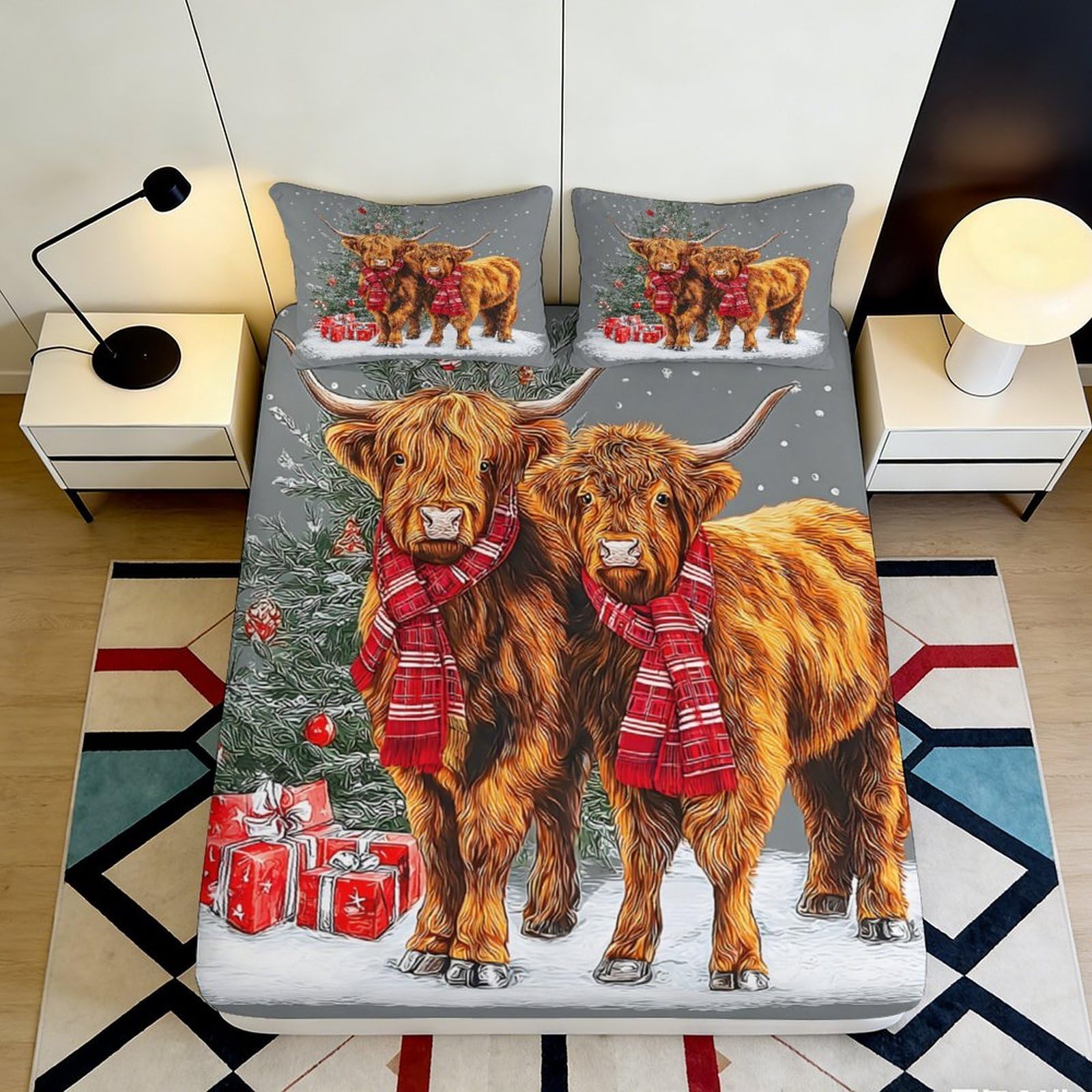 3D Printed Highland Cow Christmas Fitted Sheet Microfiber Anti-Slip Plaid Scarf Bed Cover for Bedroom Guest Room 90x200x25cm