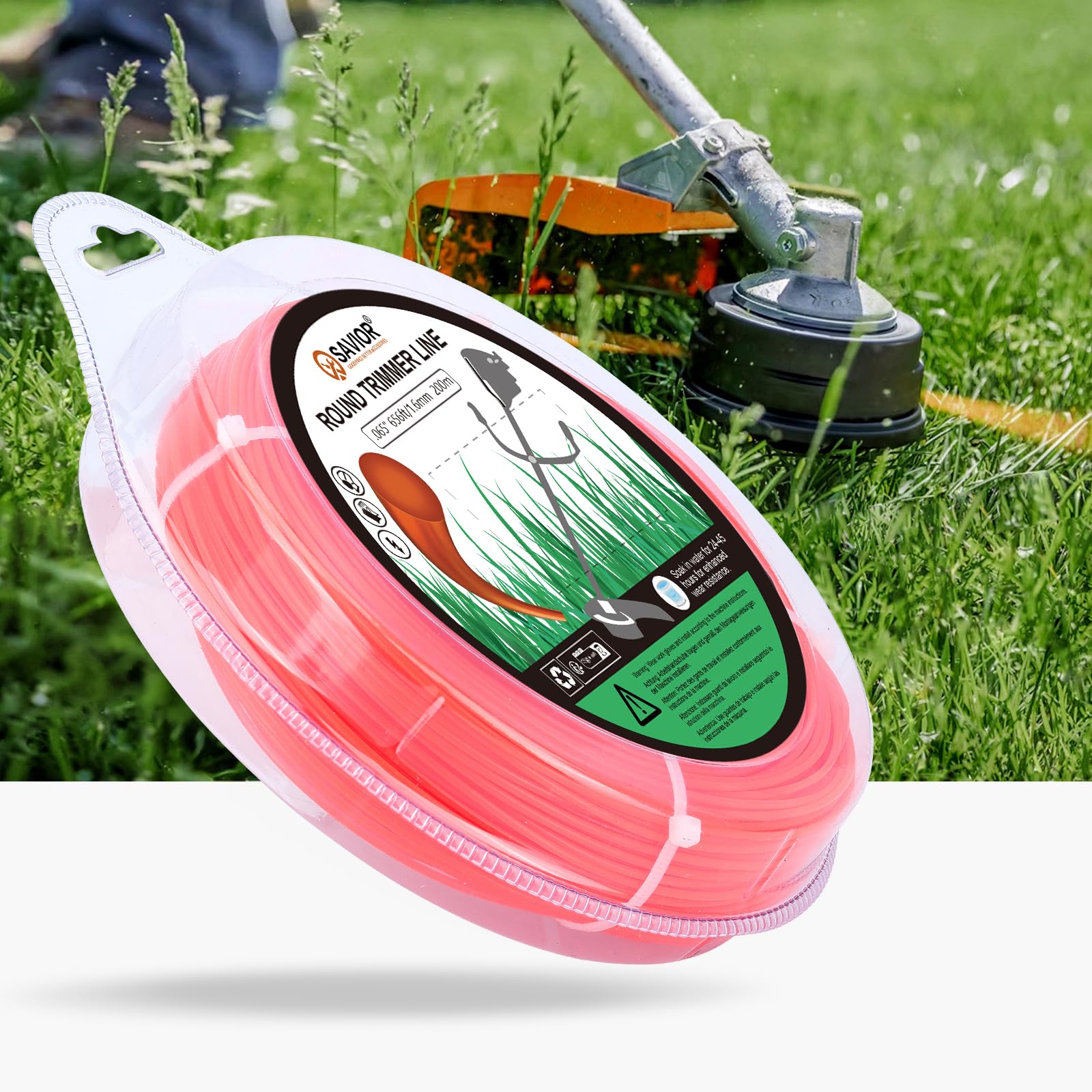 SAVIOR Hilo de cortacésped, 1,6 mm x 200 m, Hilo de recortador, Hilo de Nailon, Hilo para desbrozadora, Hilo para desbrozadora de césped (1,6 mm x 200 m, Redondo, Naranja