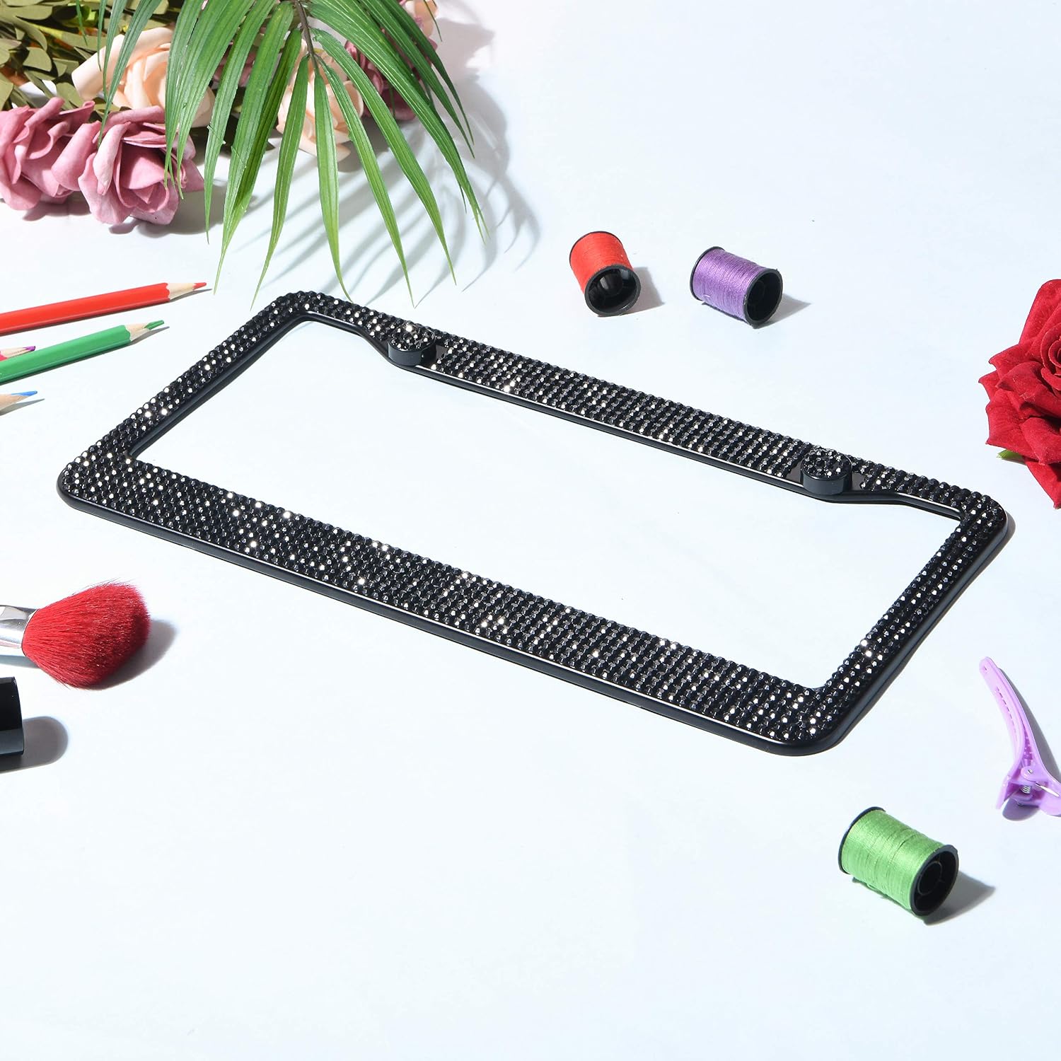 Black Bling License Plate Frames for Women - 1 Pack Bedazzled Cover, Clear Crystal Stainless Steel Girly Queen Sparkle License Plate Frame Cute Diamond Shiny Black Sparkly Cover
