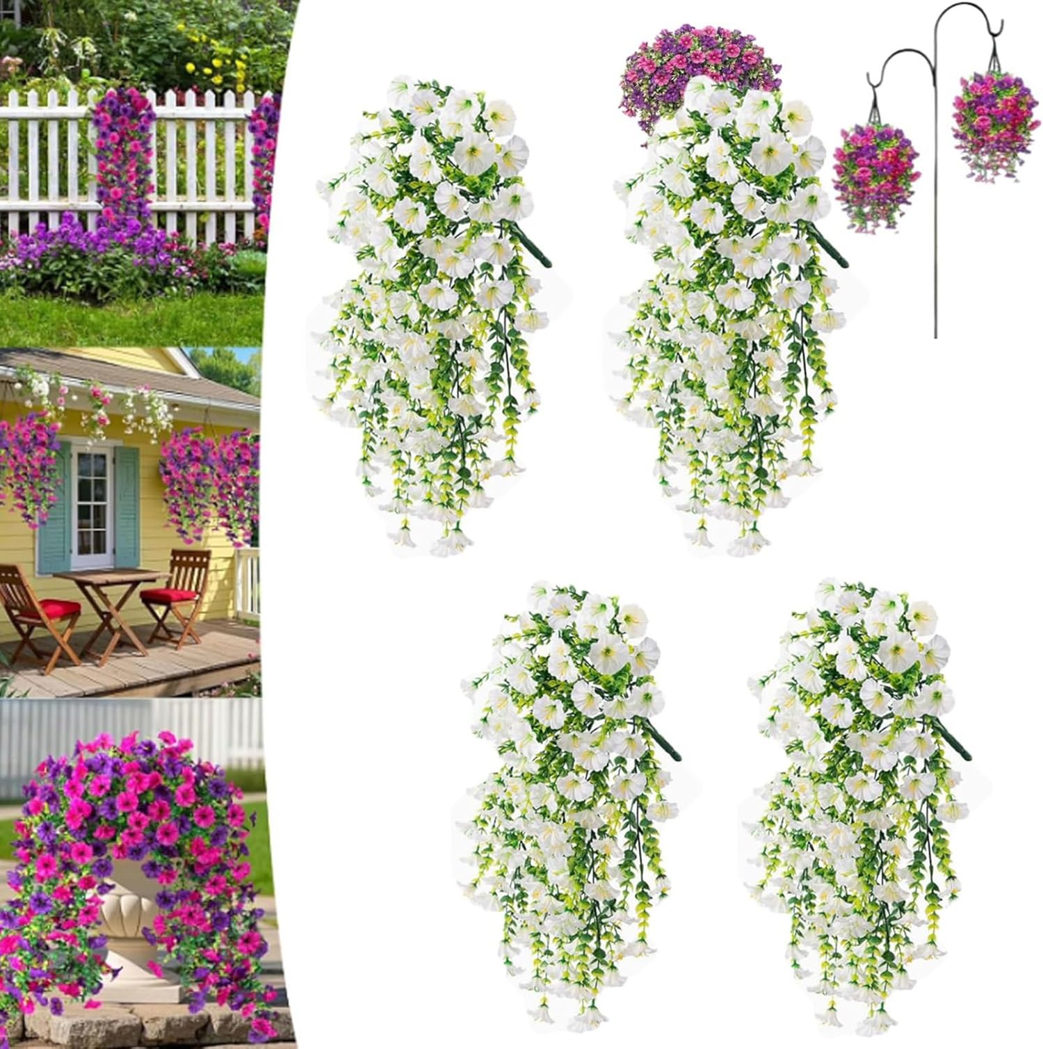 DAO-UPPSE Fade-Resistant Hanging Artificial Silk Morning Glory Vine, With Eucalyptus Leaves For Outdoor Porch Decor(White)