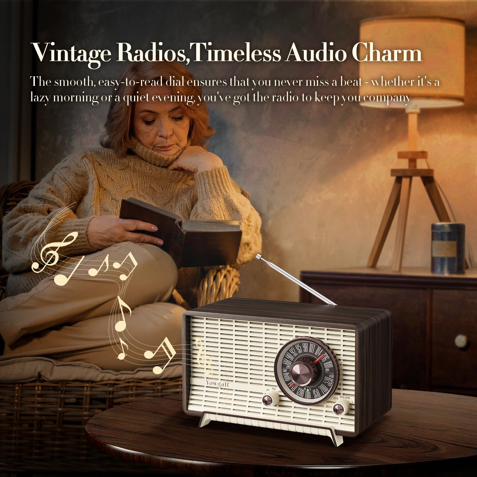 YOWGUIF Radio AM FM classique rétro en bois haut-parleurs Bluetooth radio murale enfichable avec bouton rotatif, idéale pour la maison, le bureau