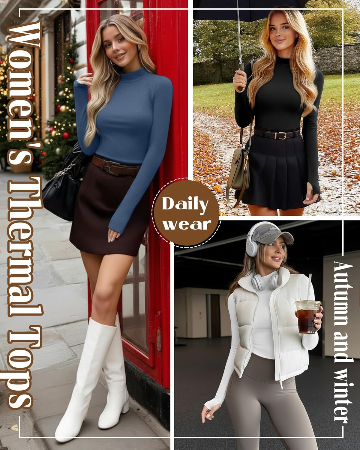 3 Pack Women's Thermal Mock Turtleneck Tops Long Sleeve Shirts Fleece Lined Undershirt with Thumb Hole Fall Winter