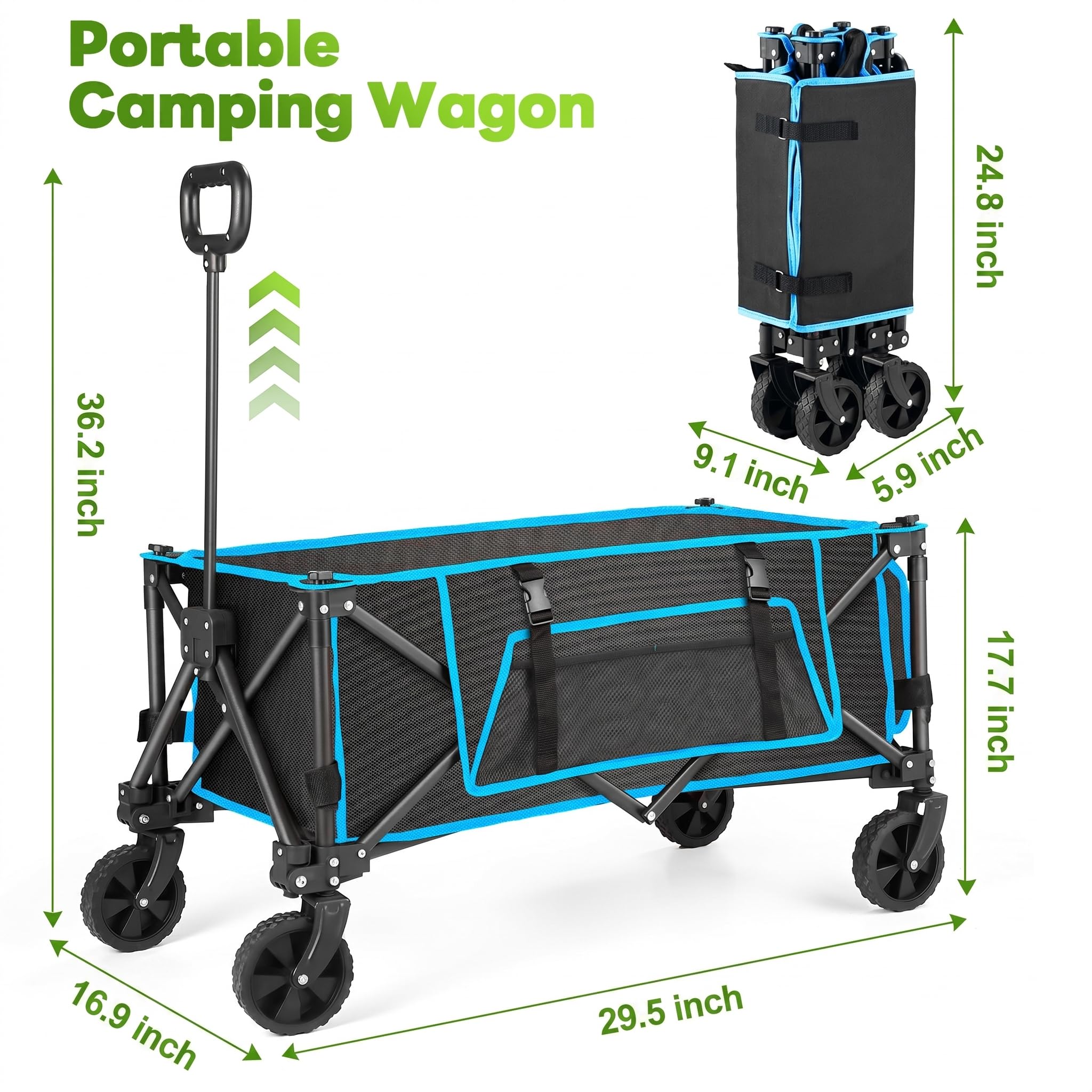 Morpilot Zusammenklappbarer Festivalwagen auf Rädern – Faltbarer Campingwagen, 68 kg, robuster Trolley für Strand, Einkaufen, Angeln, Picknick, Outdoor