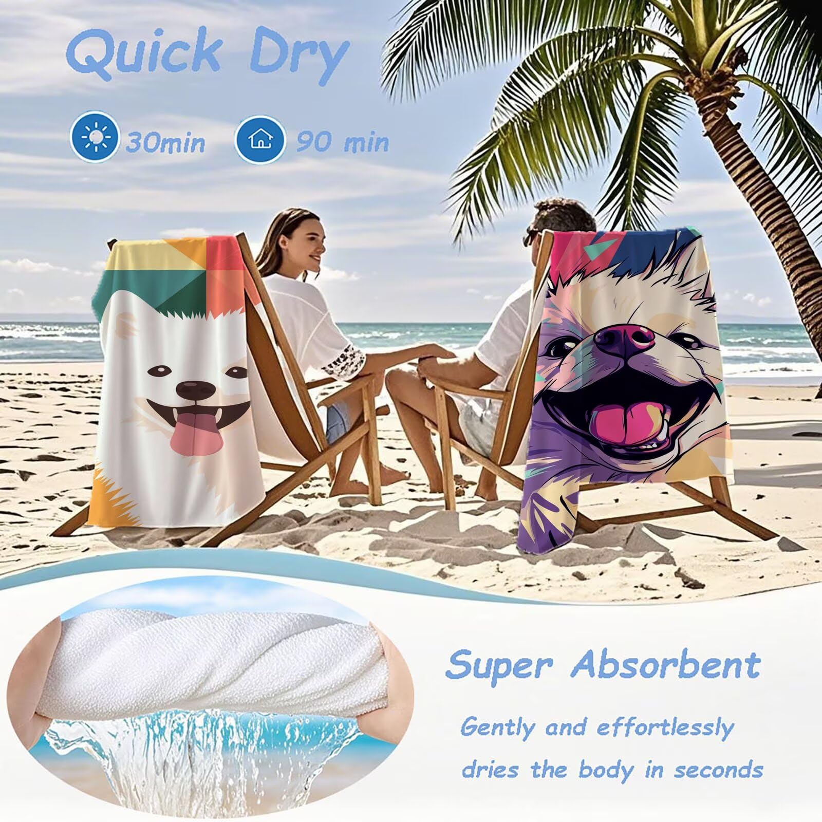 Ręczniki z mikrofibry dla psa, ręcznik plażowy, duży 100 x 180 cm, ręcznik sportowy, szybkoschnący, chłonny, ręcznik plażowy, mata plażowa, koc piknikowy na podróż, kemping, wakacje, basen M-450