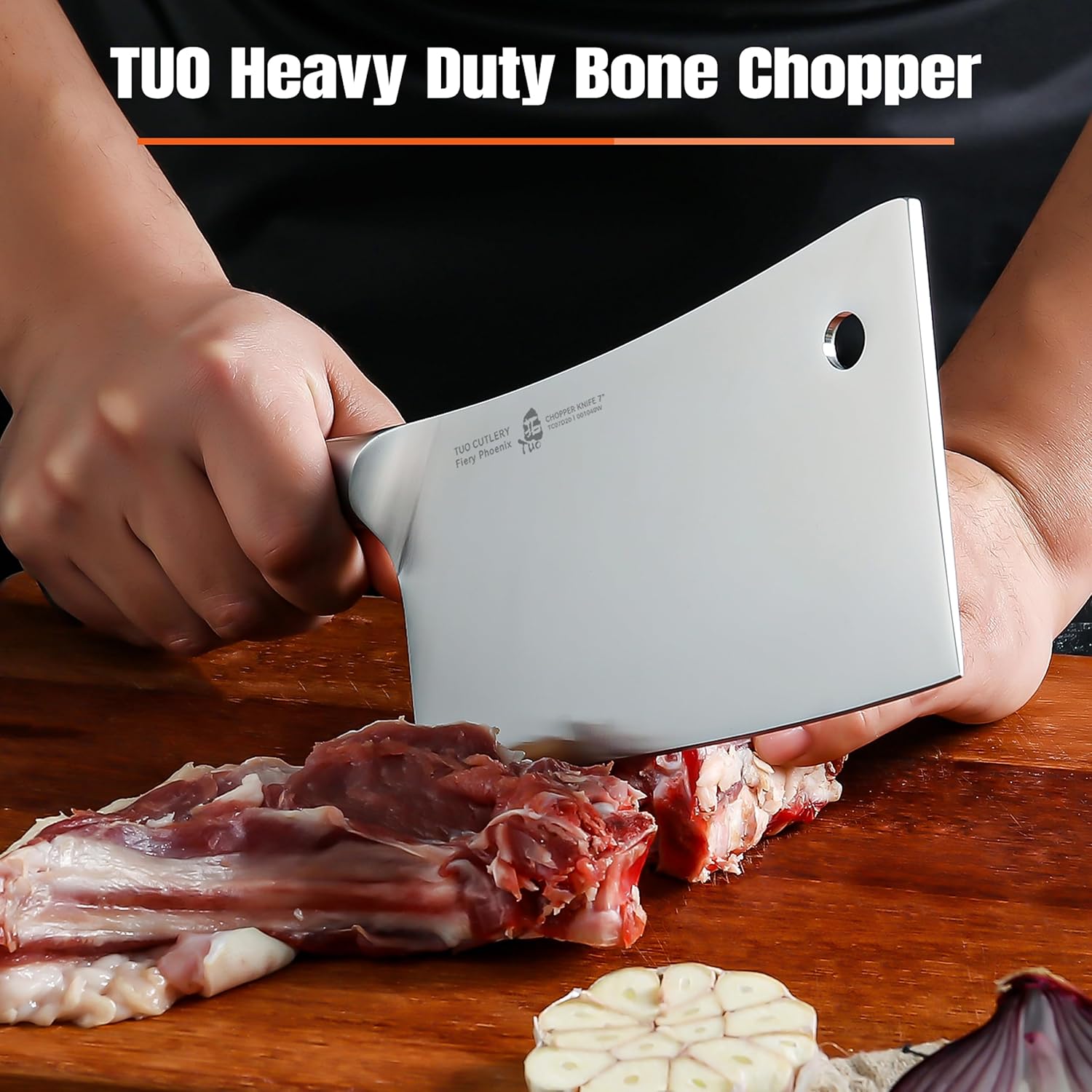 TUO Meat Cleaver, 7 inch Heavy Duty Bone Chopper, High Carbon German Stainless Steel Butcher Knife, Pakkawood Handle Kitchen Chopping Knife with Gift Box - Fiery Phoenix Series