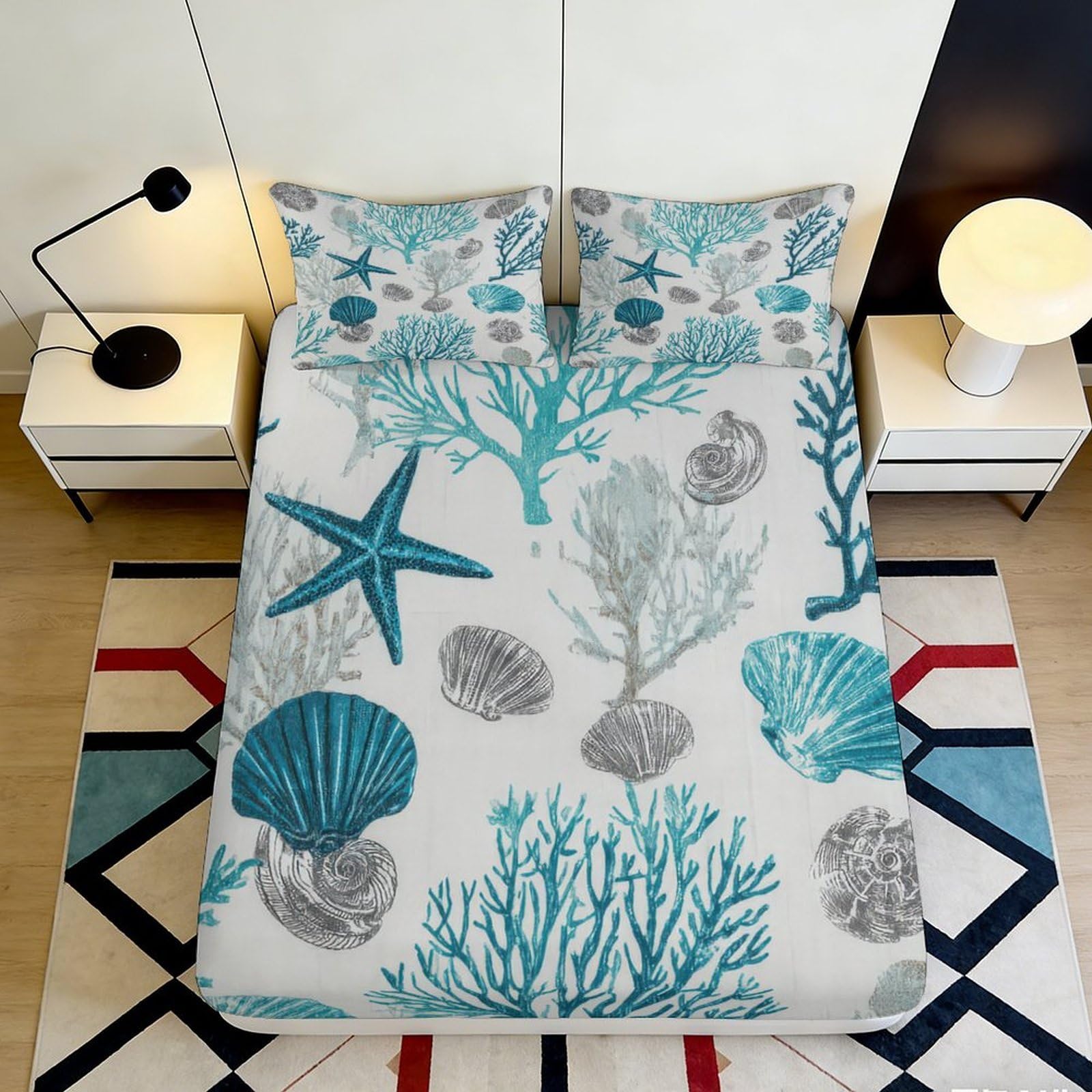 3D Printed Ocean Coral Fitted Sheet Microfiber Blue Starfish Mattress Cover for Bedroom Guest Room Decor Easy Care 90x200x25cm