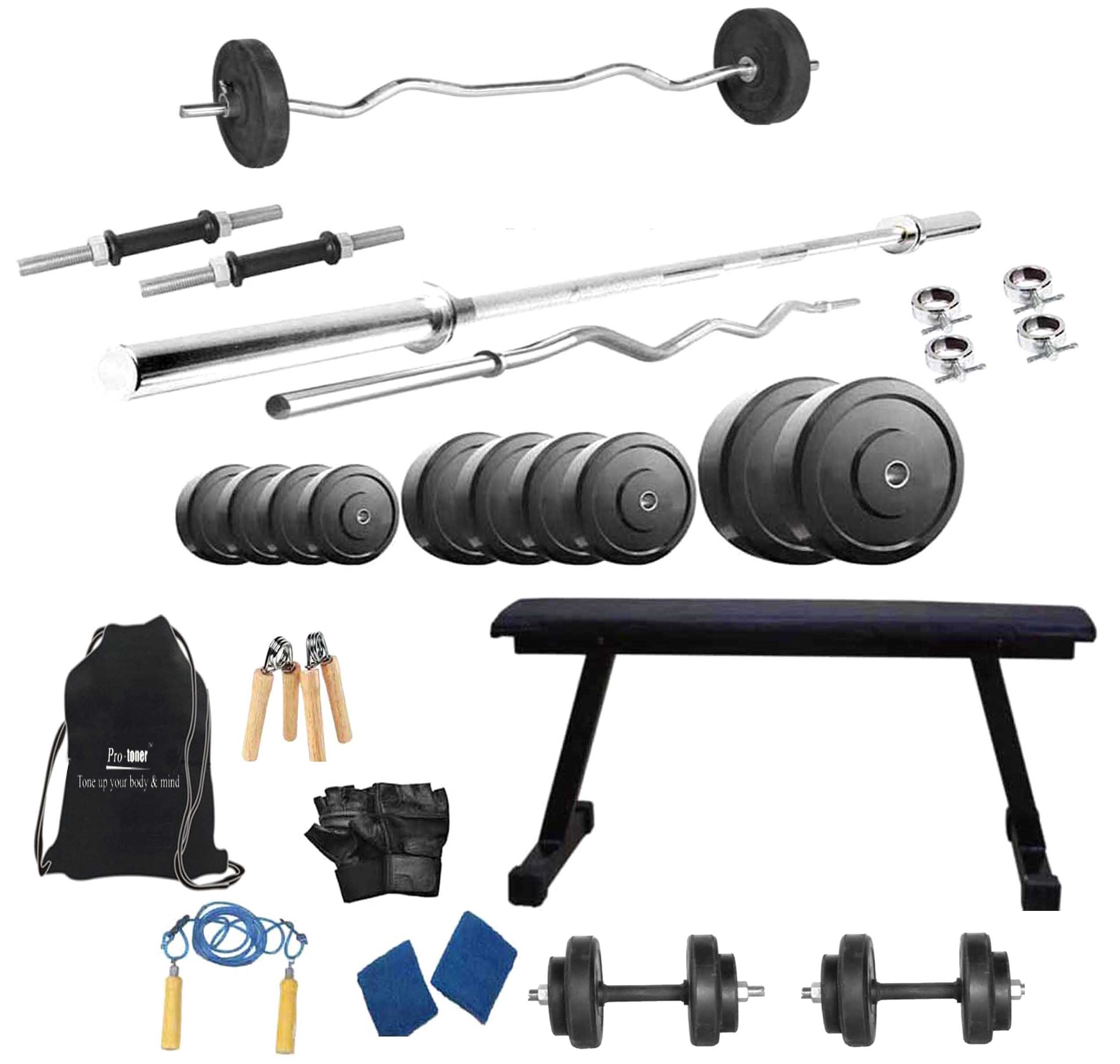 PROTONER 90 KGS with 4 Rods + Flat Bench Bench Home Gym Package with Bag-image-0