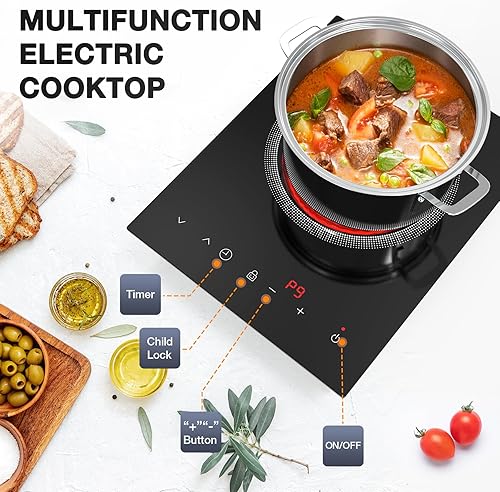 Miniatura 7 de Cocina eléctrica de un solo quemador, estufa eléctrica de 110 V 1800 W con control táctil LED, estufa portátil 9 niveles de potencia, temporizador